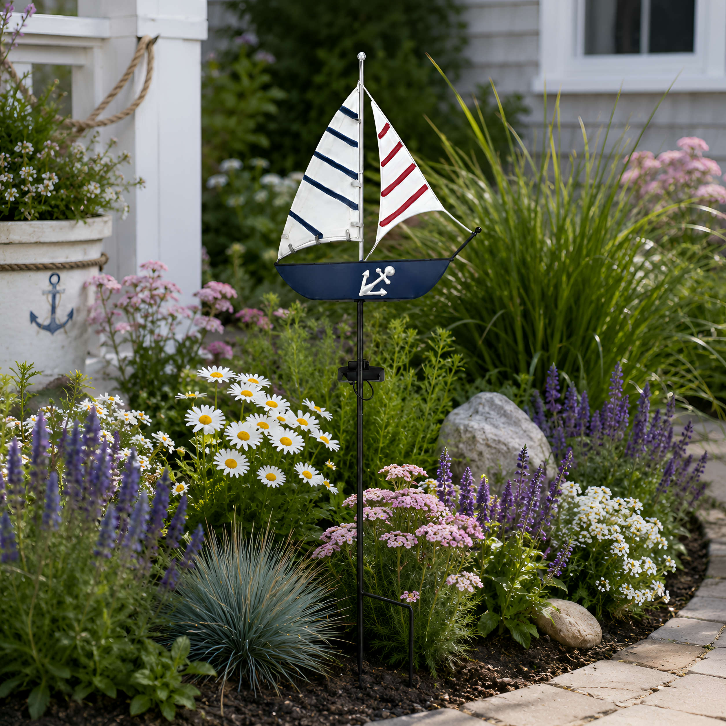 LED Solar Gartenstecker maritime Deko Leuchtturm Segelboot für Garten & Beet