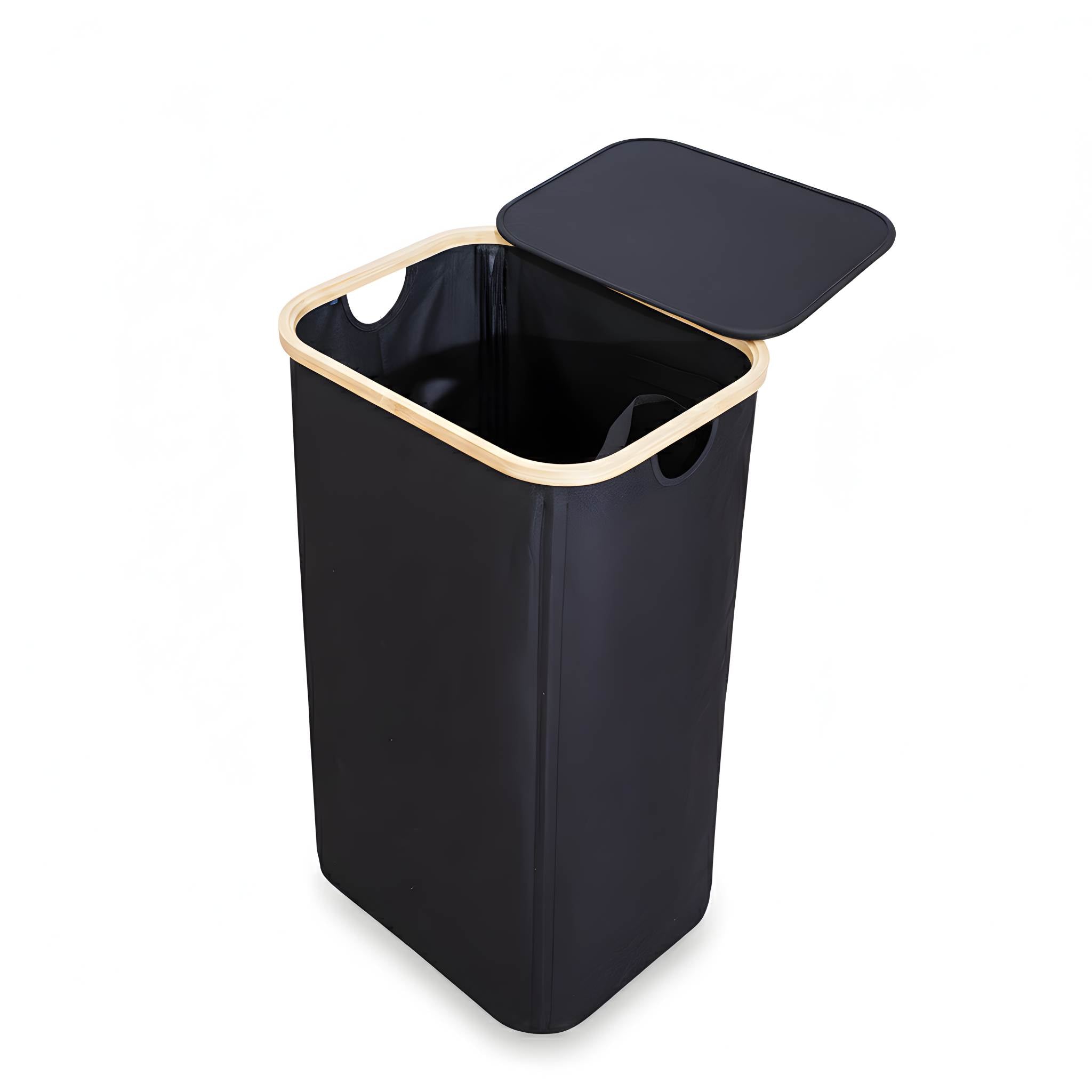 Wäschesammler mit Deckel und herausnehmbarer Innentasche aus Bambus und Stoff – Wäschekorb in Schwarz