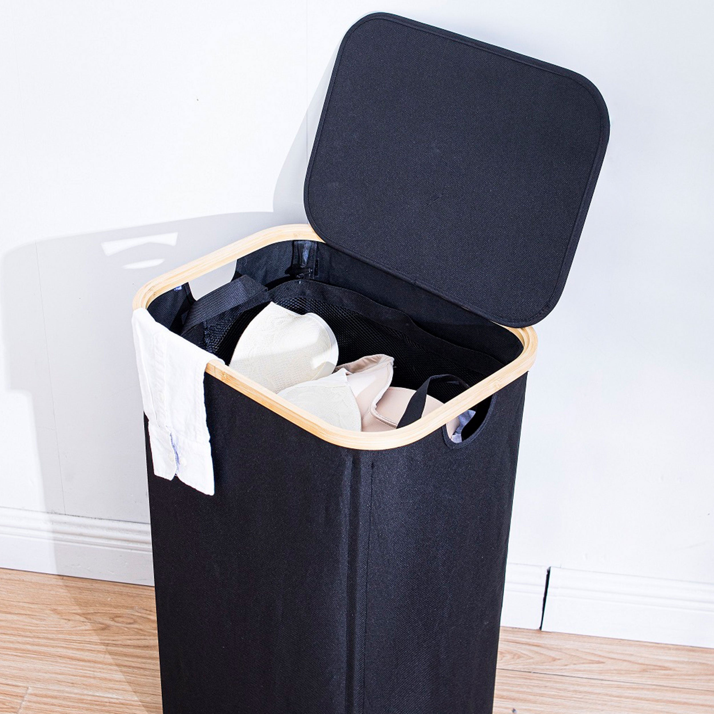 Wäschesammler mit Deckel und herausnehmbarer Innentasche aus Bambus und Stoff – Wäschekorb in Schwarz