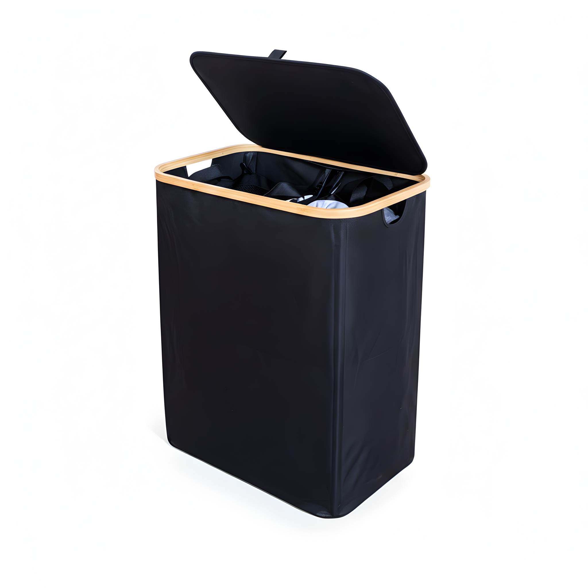 Wäschesammler mit Deckel und herausnehmbarer Innentasche aus Bambus und Stoff – Wäschekorb in Schwarz