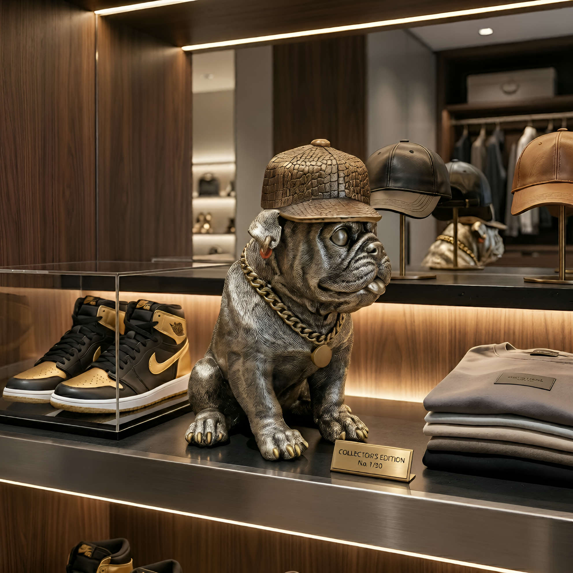 Hundefigur mit Cap Bulldogge Figur goldfarben Dekofigur