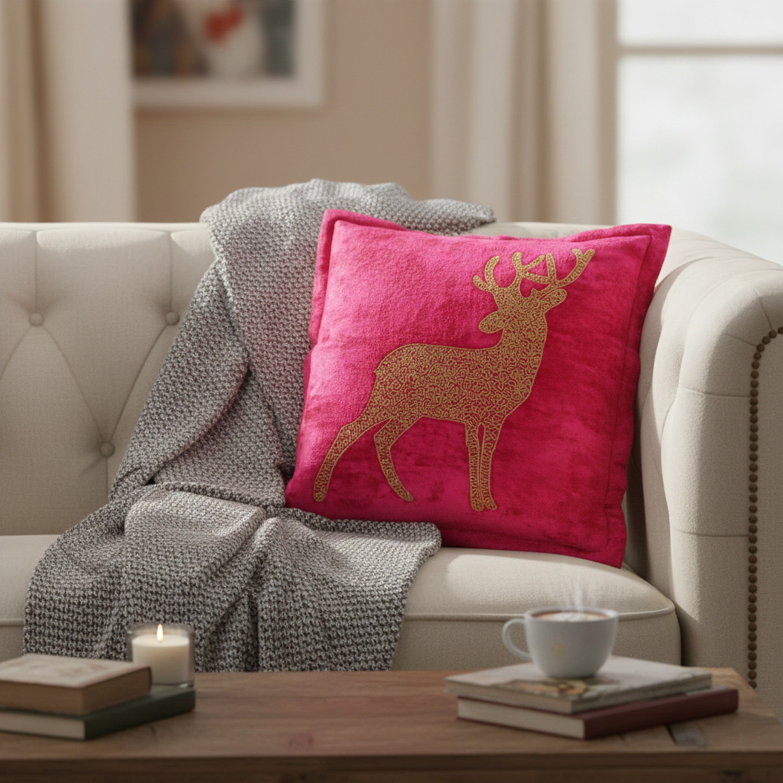 Samtkissen Hirschmotiv 45 x 45 cm - Dekokissen Sofakissen Kissen mit Füllung für Sofa & Couch