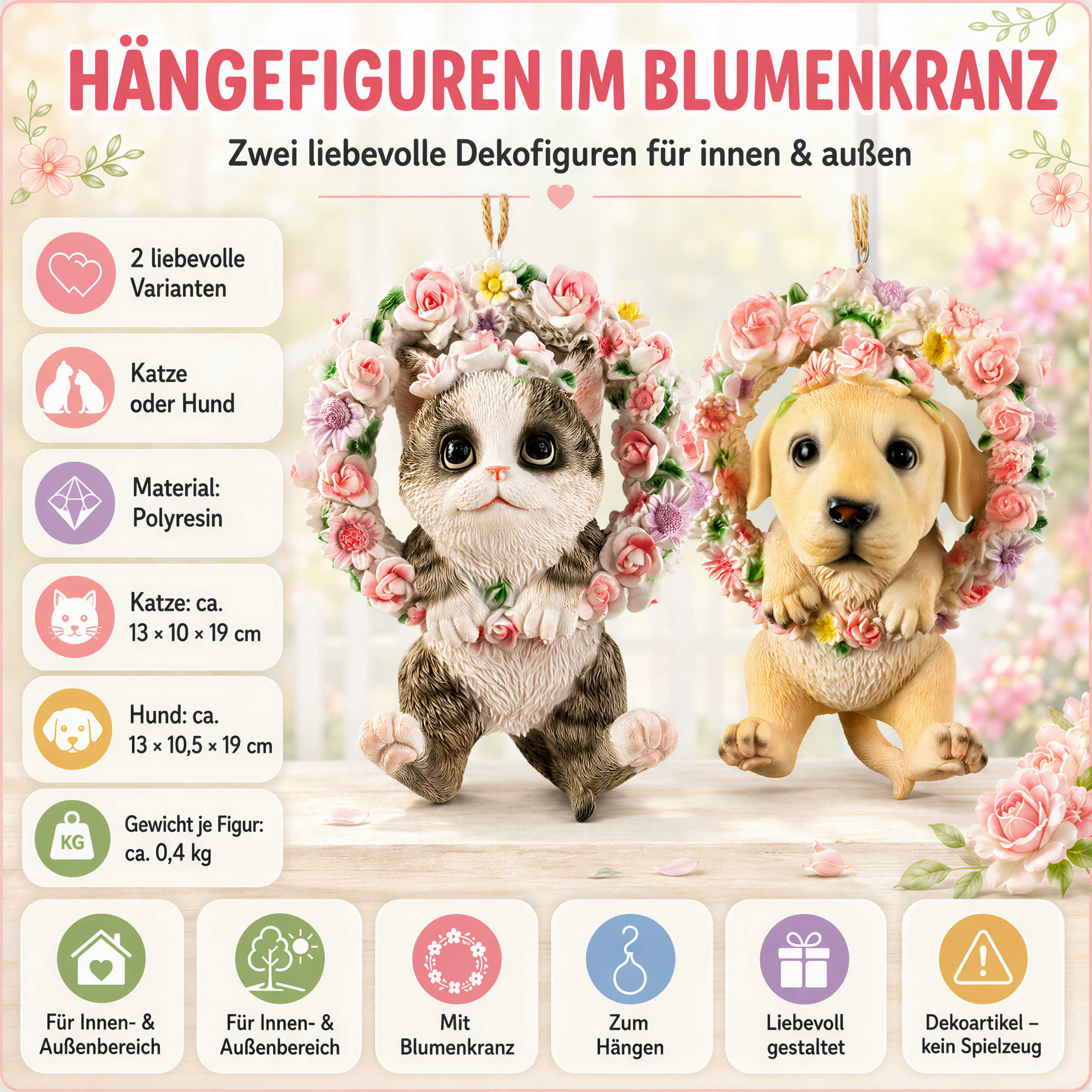 Hängedeko Hund oder Katze im Blumenkranz - Fenster Hängedeko Garten Hänge Deko Ast Katzenfigur Hundefigur