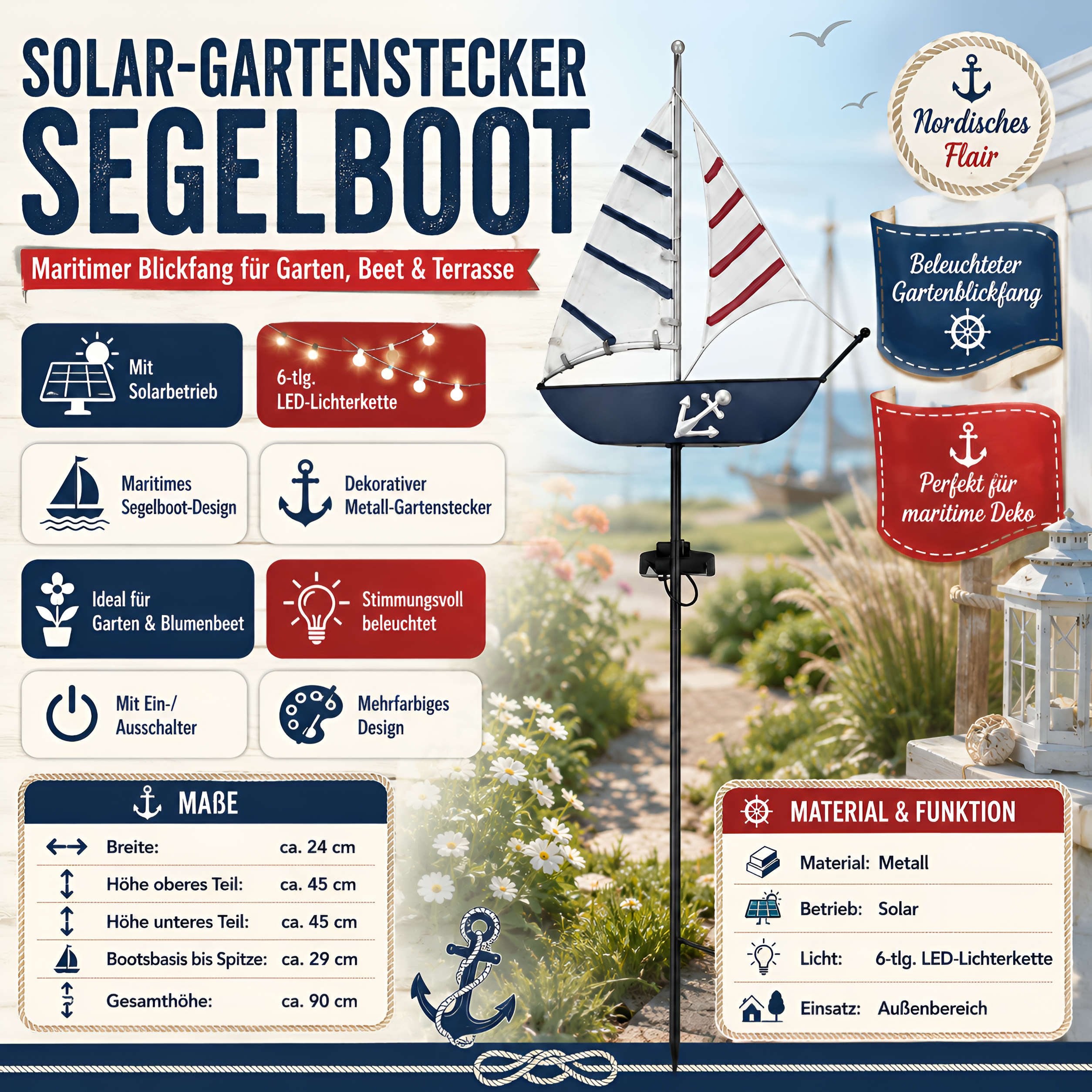 LED Solar Gartenstecker maritime Deko Leuchtturm Segelboot für Garten & Beet