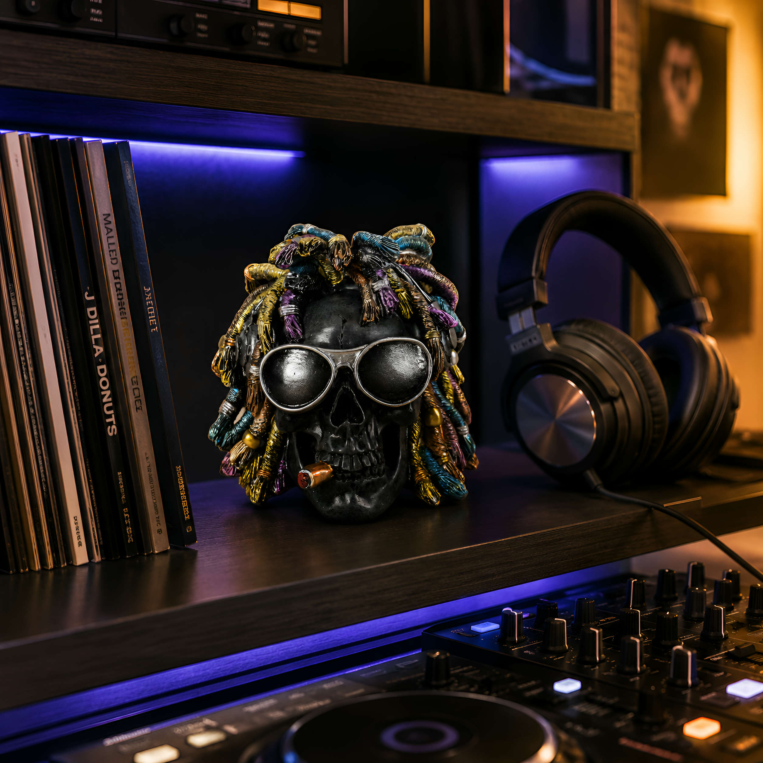 Schädel Deko Rasta Totenkopf Figur mit Sonnenbrille & Dreadlocks