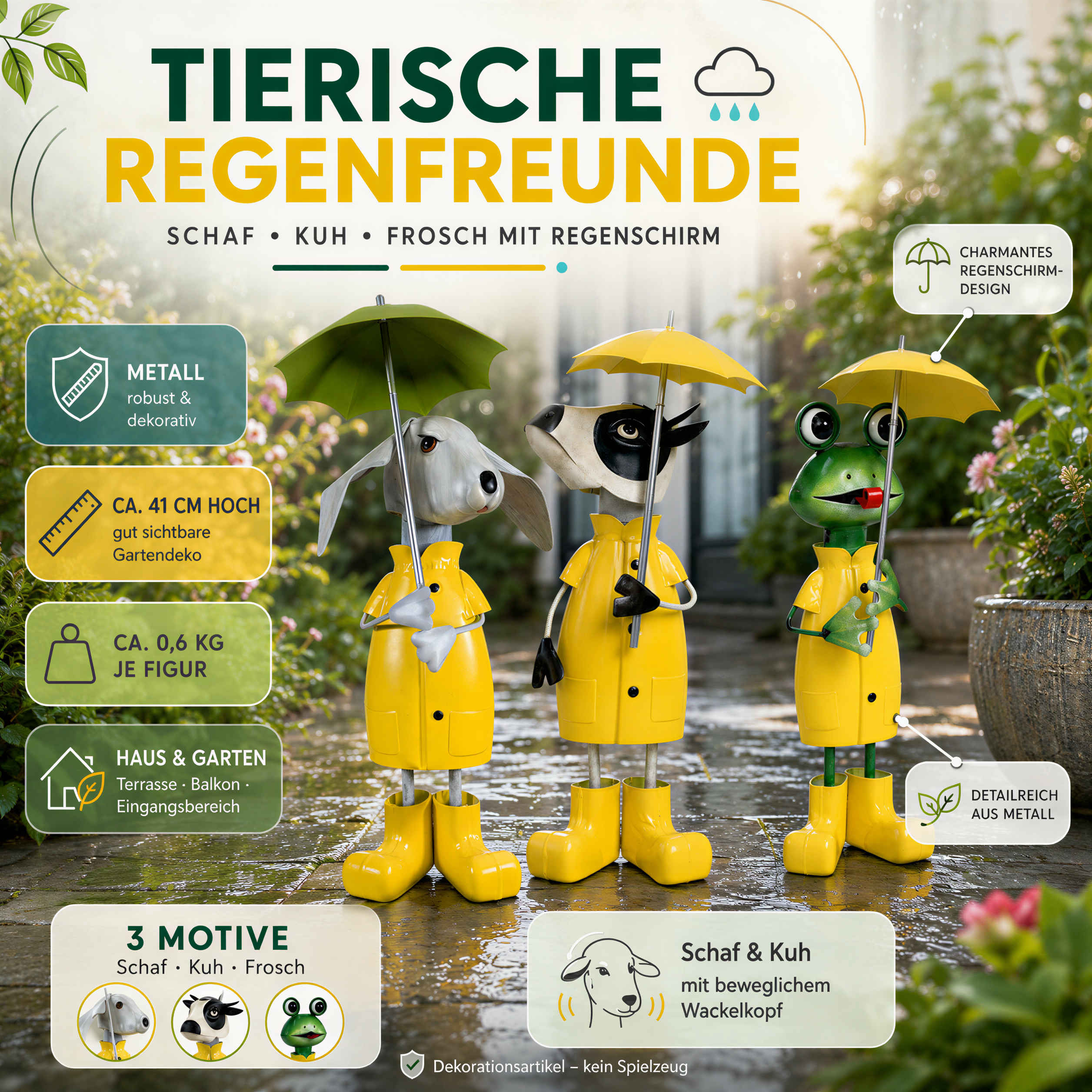 Gartenfigur Metall mit Regenschirm Figur Schaf Kuh Frosch Tierfigur für Haus und Garten
