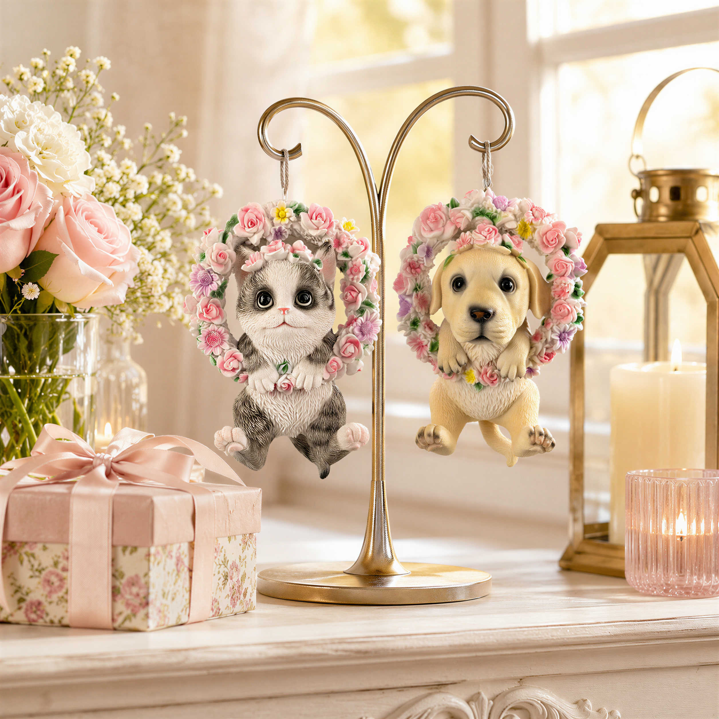 Hängedeko Hund oder Katze im Blumenkranz - Fenster Hängedeko Garten Hänge Deko Ast Katzenfigur Hundefigur