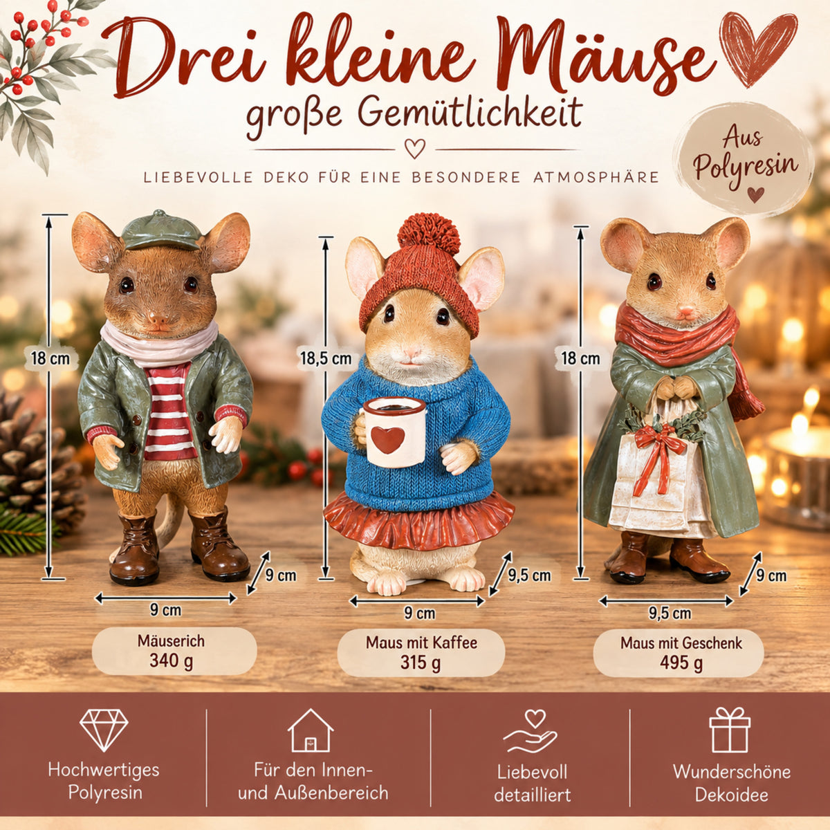 Weihnachtsdeko Mäuse Figuren Tischdeko Weihnachten Weihnachtsfiguren in 3 Motiven