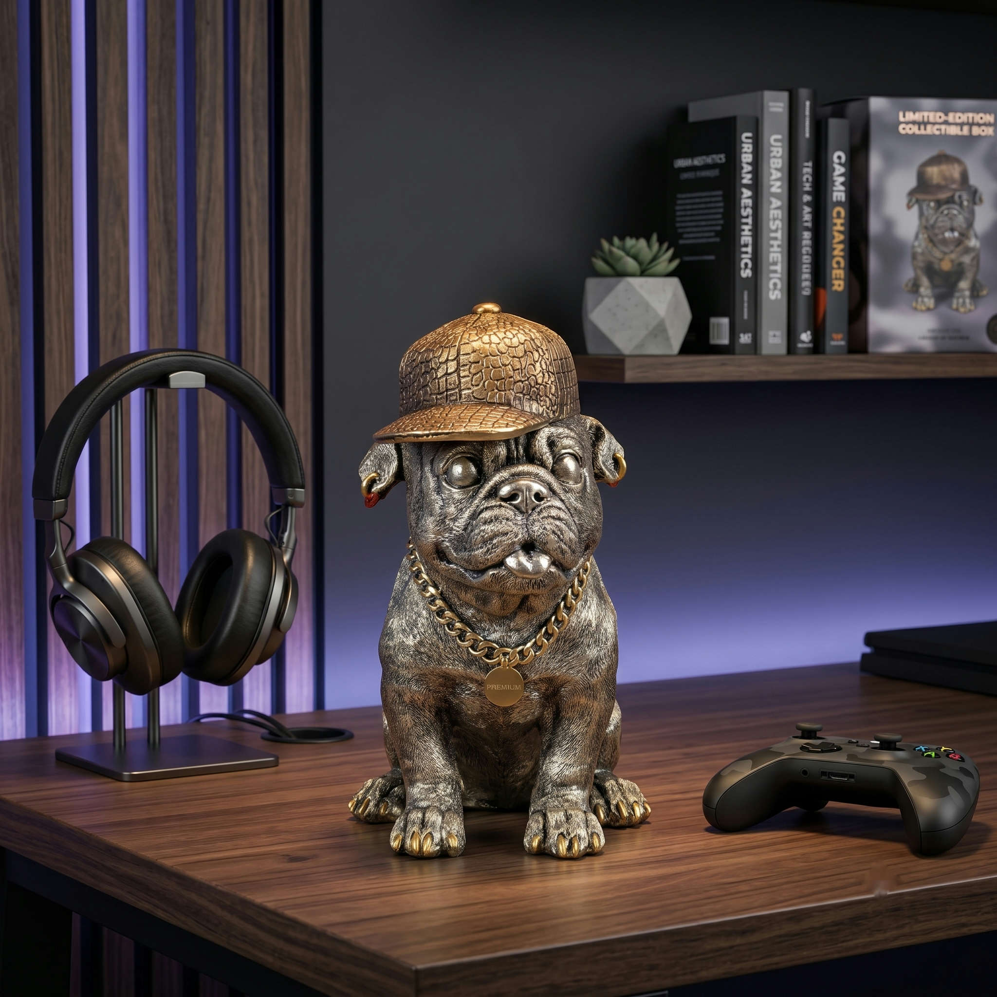 Hundefigur mit Cap Bulldogge Figur goldfarben Dekofigur