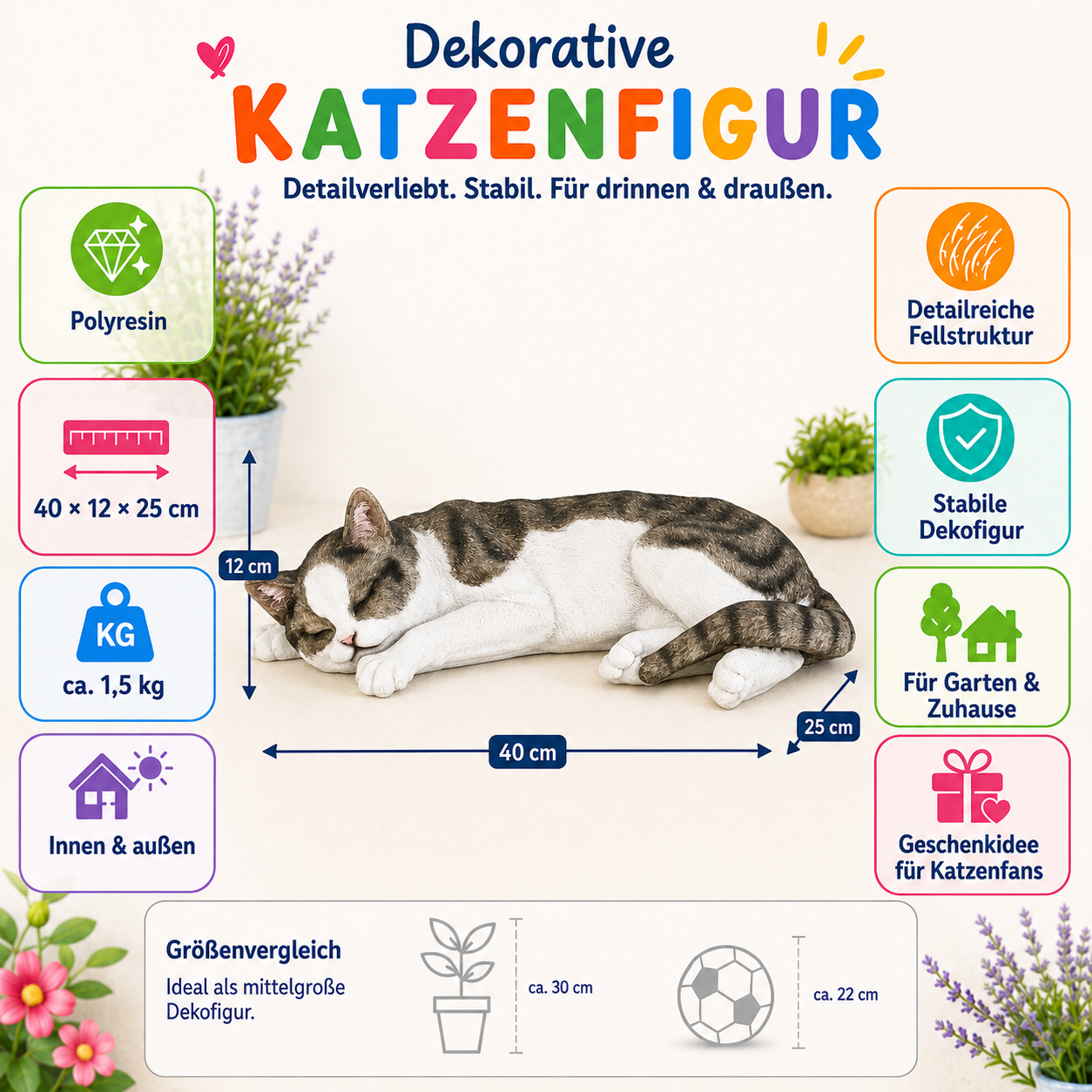 Katzenfigur Murli lebensechte Katze Katzen Deko Garten Katzenfigur Garten