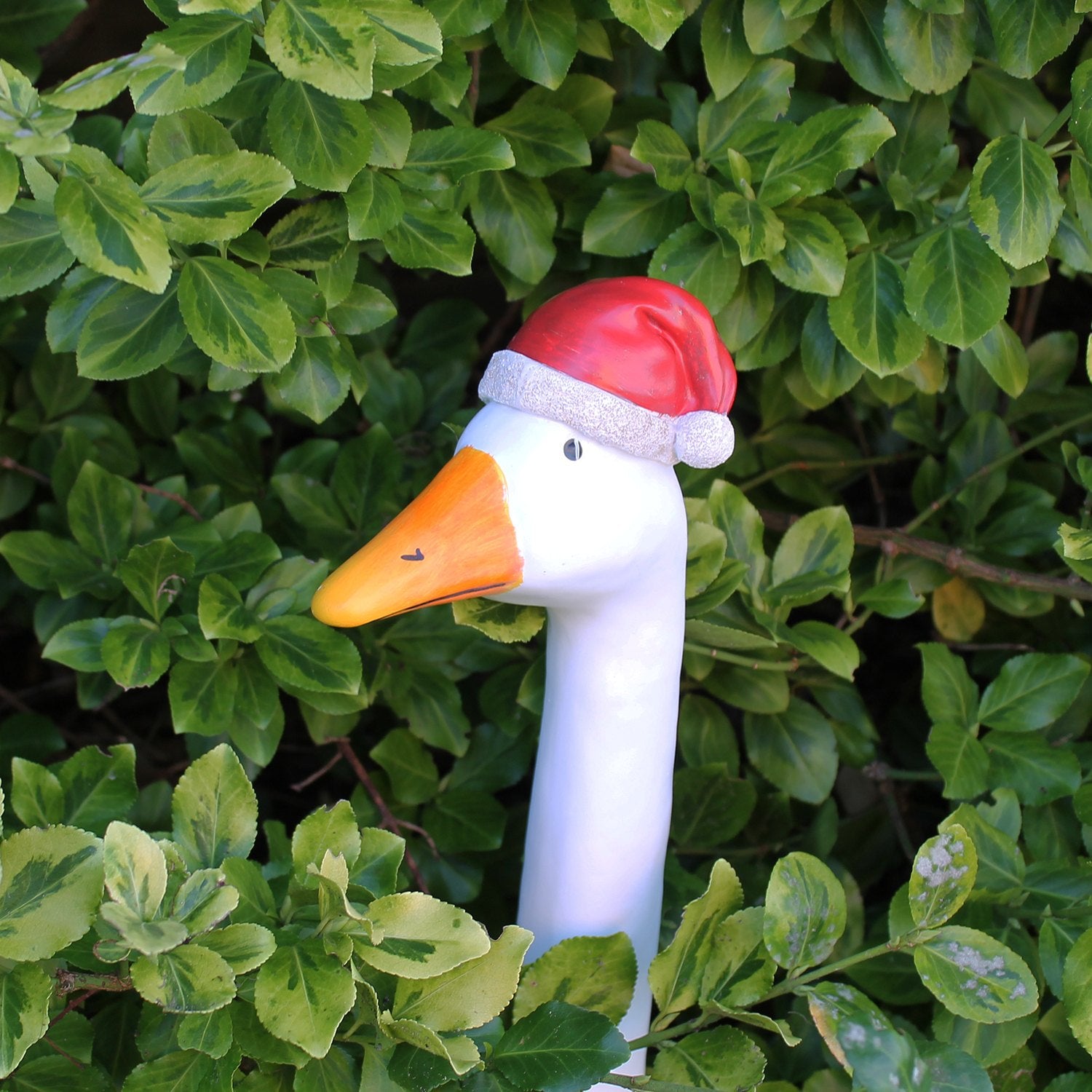 Gartenfigur Gans "Santa" mit Weihnachtsmütze Gänsehals Gänsekopf Gartenstecker Lustige Deko Gänse für den Garten