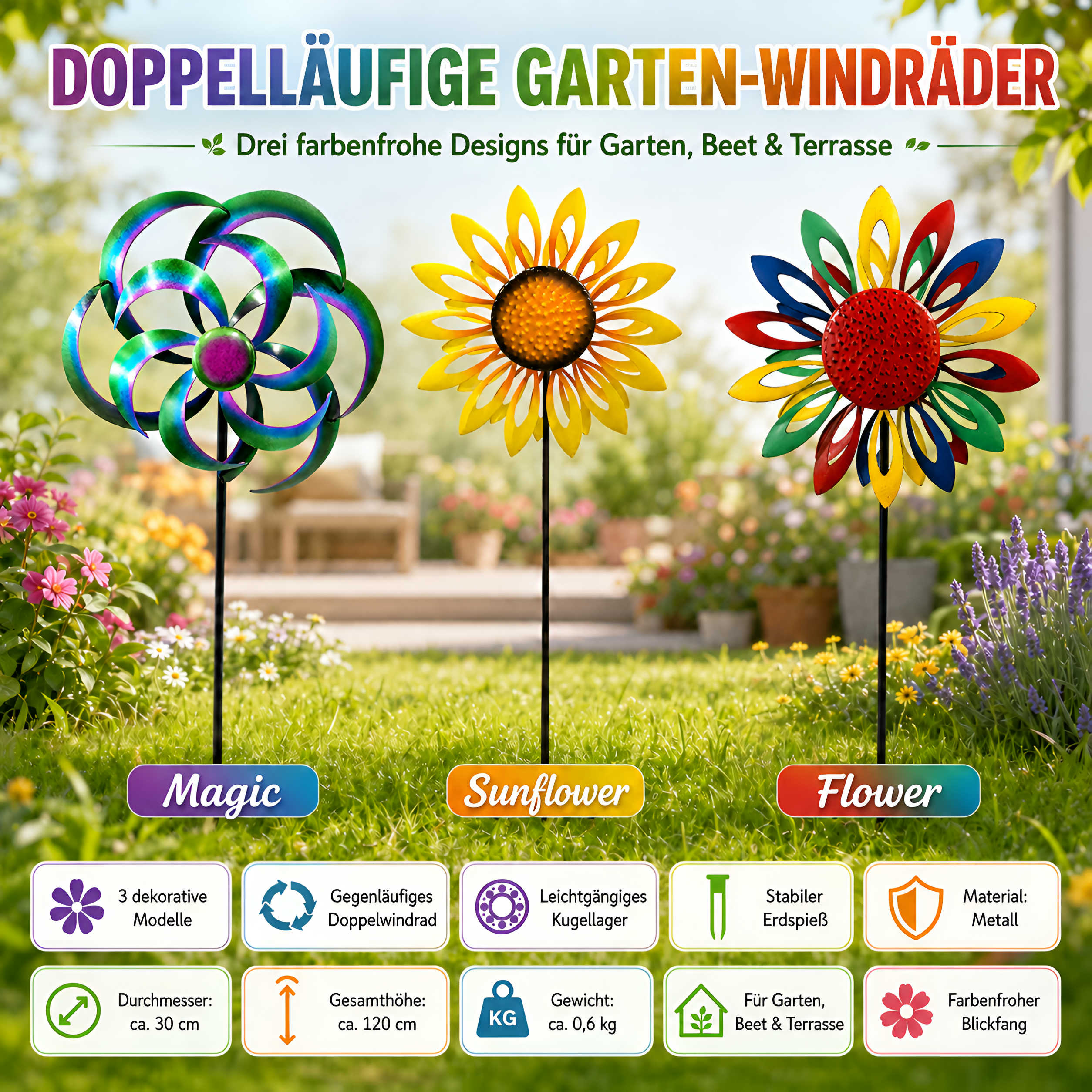 Windrad Garten Metall gegenläufig Windrad für den Garten mit Erdspieß 120 cm