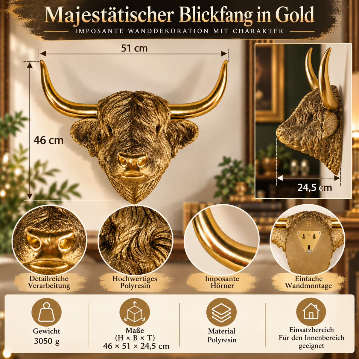 Highland Cattle Kopf Wanddeko gold Hochlandrind Wandfigur für Wohnzimmer und Eingangsbereich