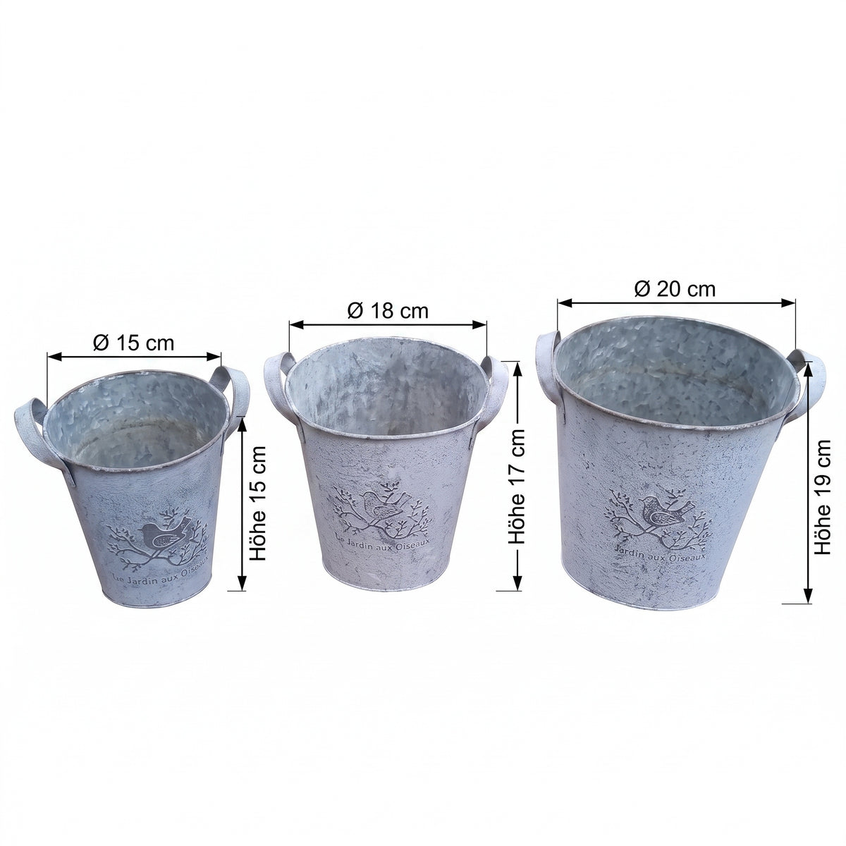 Pflanzgefäße Metall 3er Set Pflanztöpfe Übertöpfe mit Vogelmotiv für Haus und Terrasse