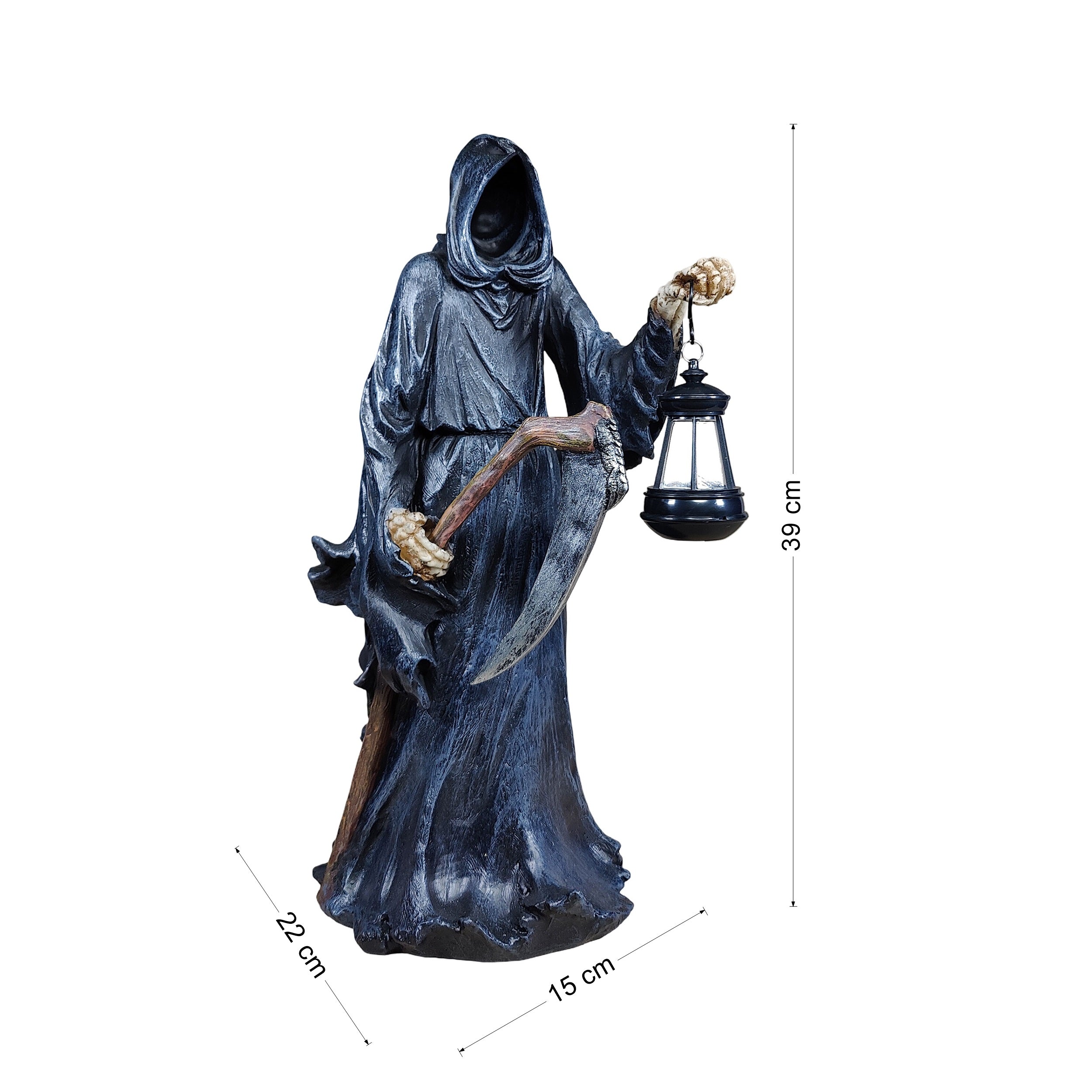 Deko Figur Der Tod mit LED Laterne – Halloween Dekofigur aus Polyresin, handbemalt, stimmungsvolle Herbstdeko für Innen