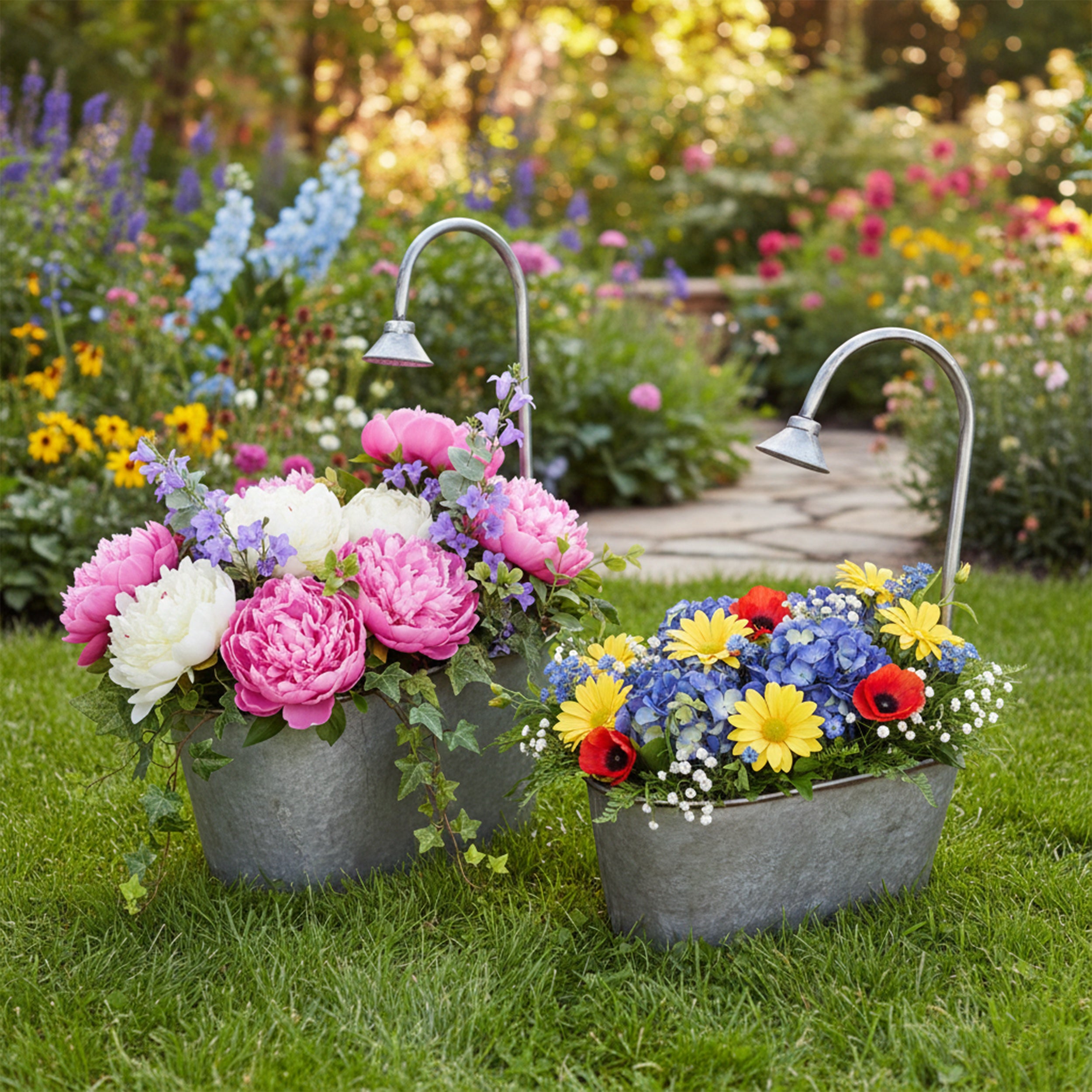 Zinkwanne Set verzinkt im Badewannen Look mit Dusch Deko Pflanzwanne Metall für Garten & Terrasse