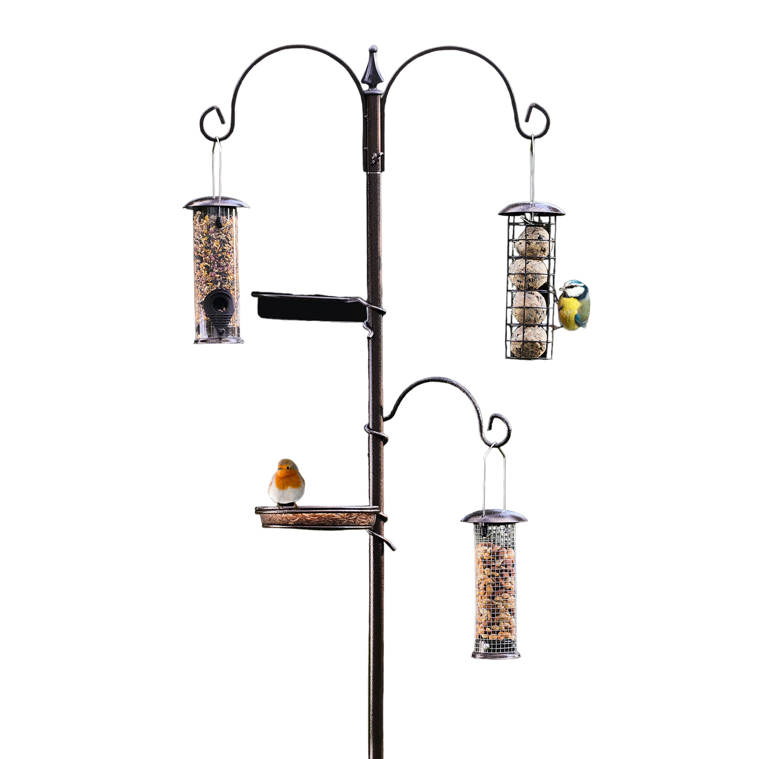 5 in 1 Vogelfutterstation Metall mit Vogeltränke, 3 Futtersäulen und Futterschale für Garten und Rasenflächen