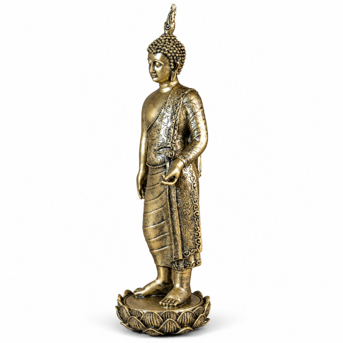 Buddha Figur stehend Gold Deko Buddha Skulptur für Wohnzimmer und Meditationsecke