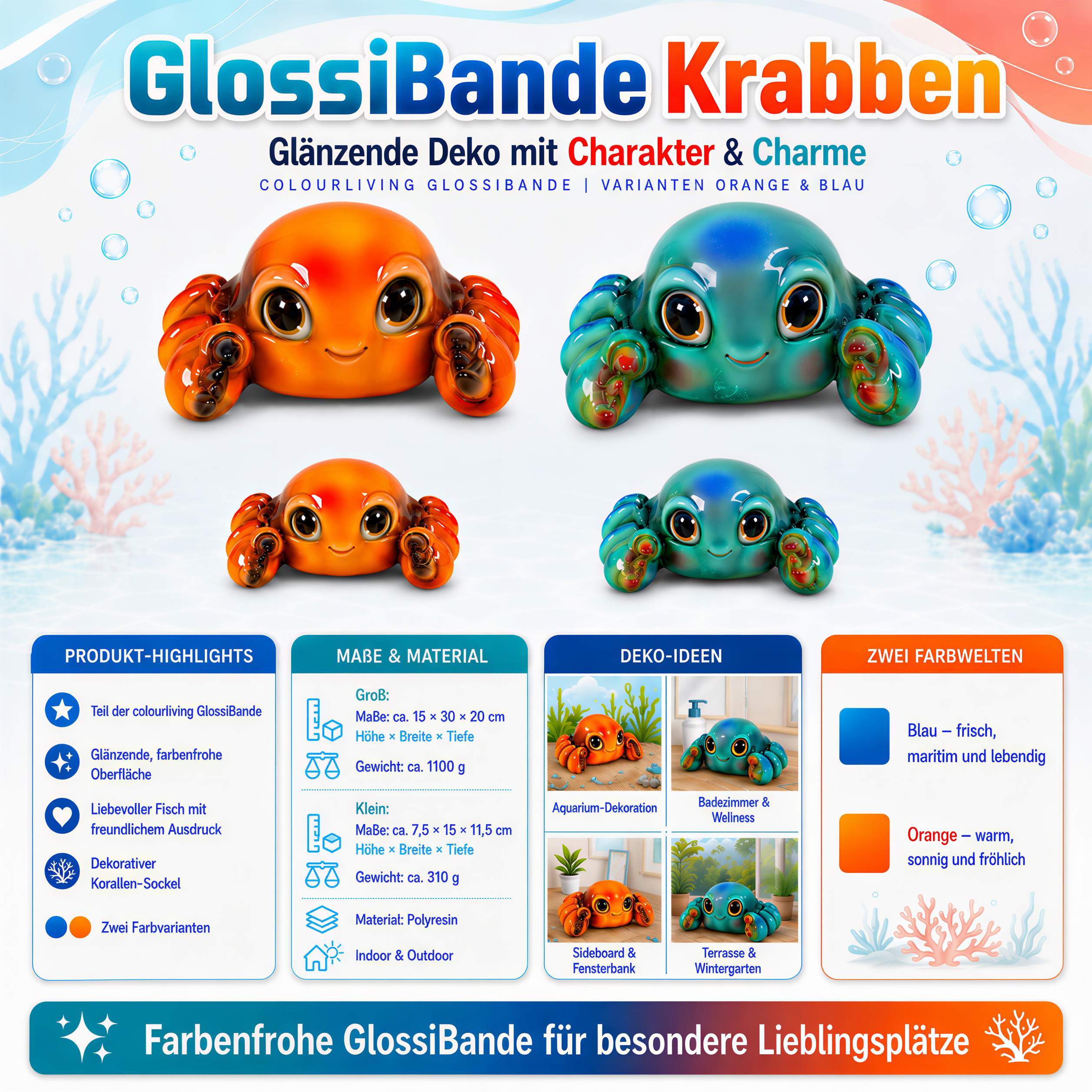 GlossiBande Krabbe Figur glänzend Deko Krabbe groß oder klein in Blau und Orange