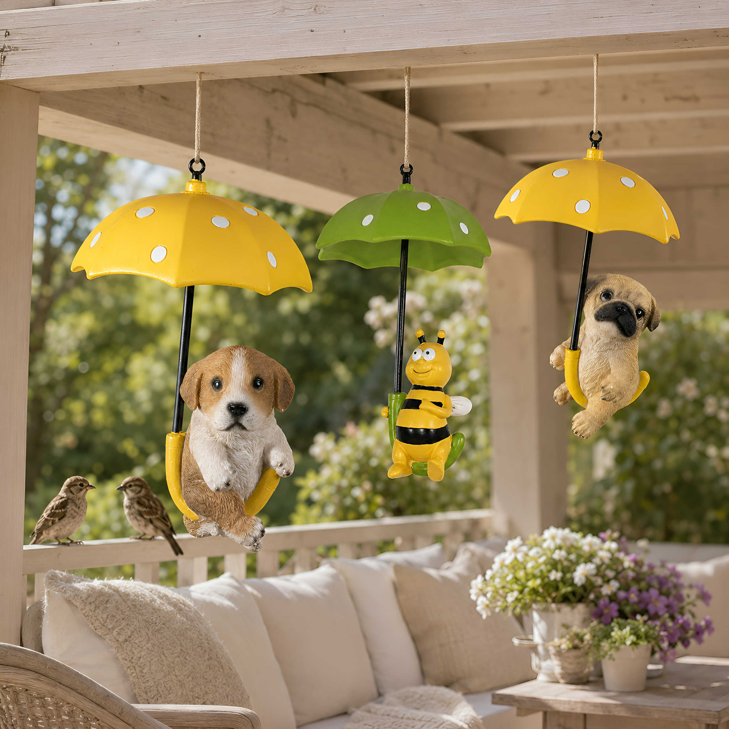 Hängedeko Tierfigur mit Regenschirm - Fenster Hängedeko für Garten mit Biene oder Hunde Figuren