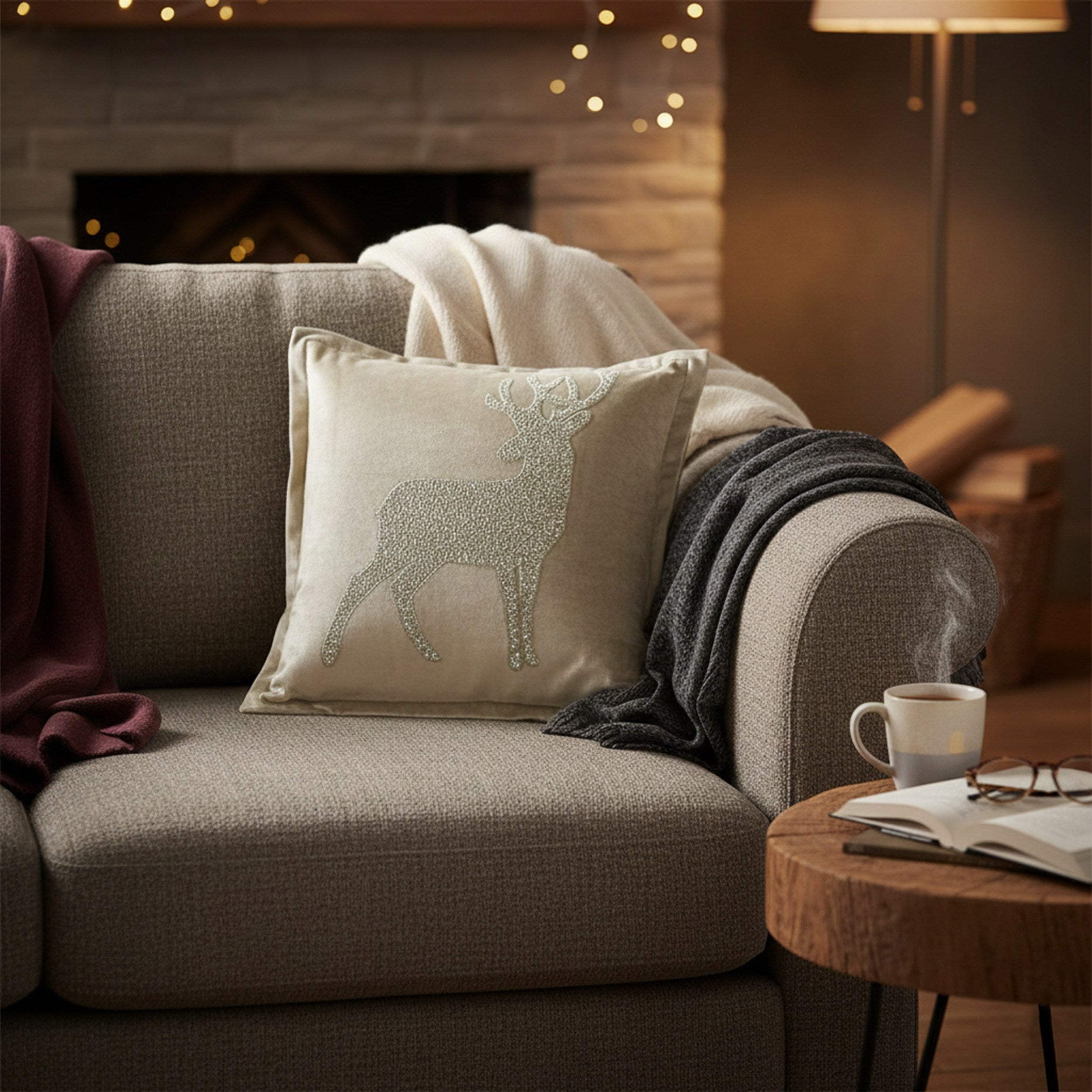 Samtkissen Hirschmotiv 45 x 45 cm - Dekokissen Sofakissen Kissen mit Füllung für Sofa & Couch