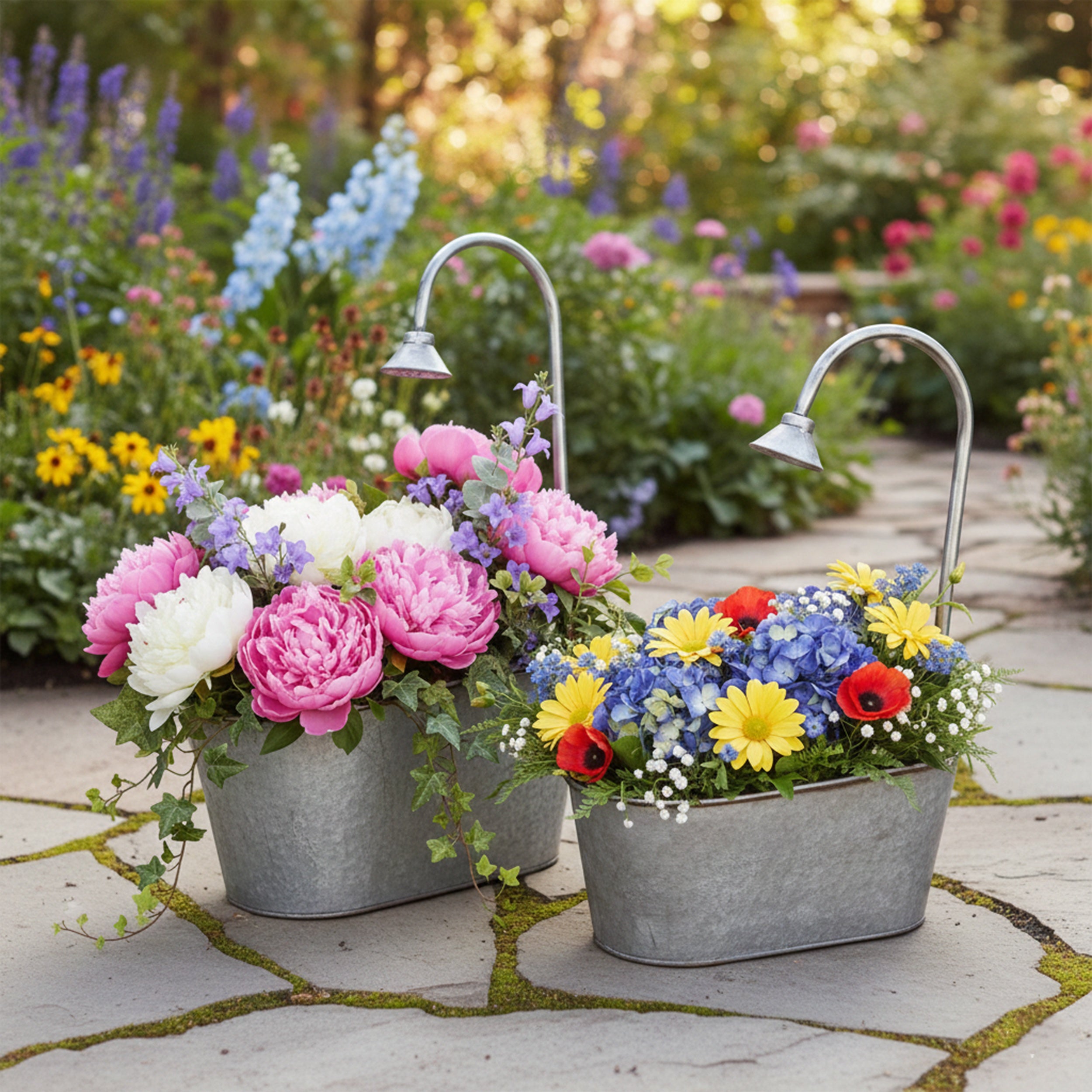 Zinkwanne Set verzinkt im Badewannen Look mit Dusch Deko Pflanzwanne Metall für Garten & Terrasse