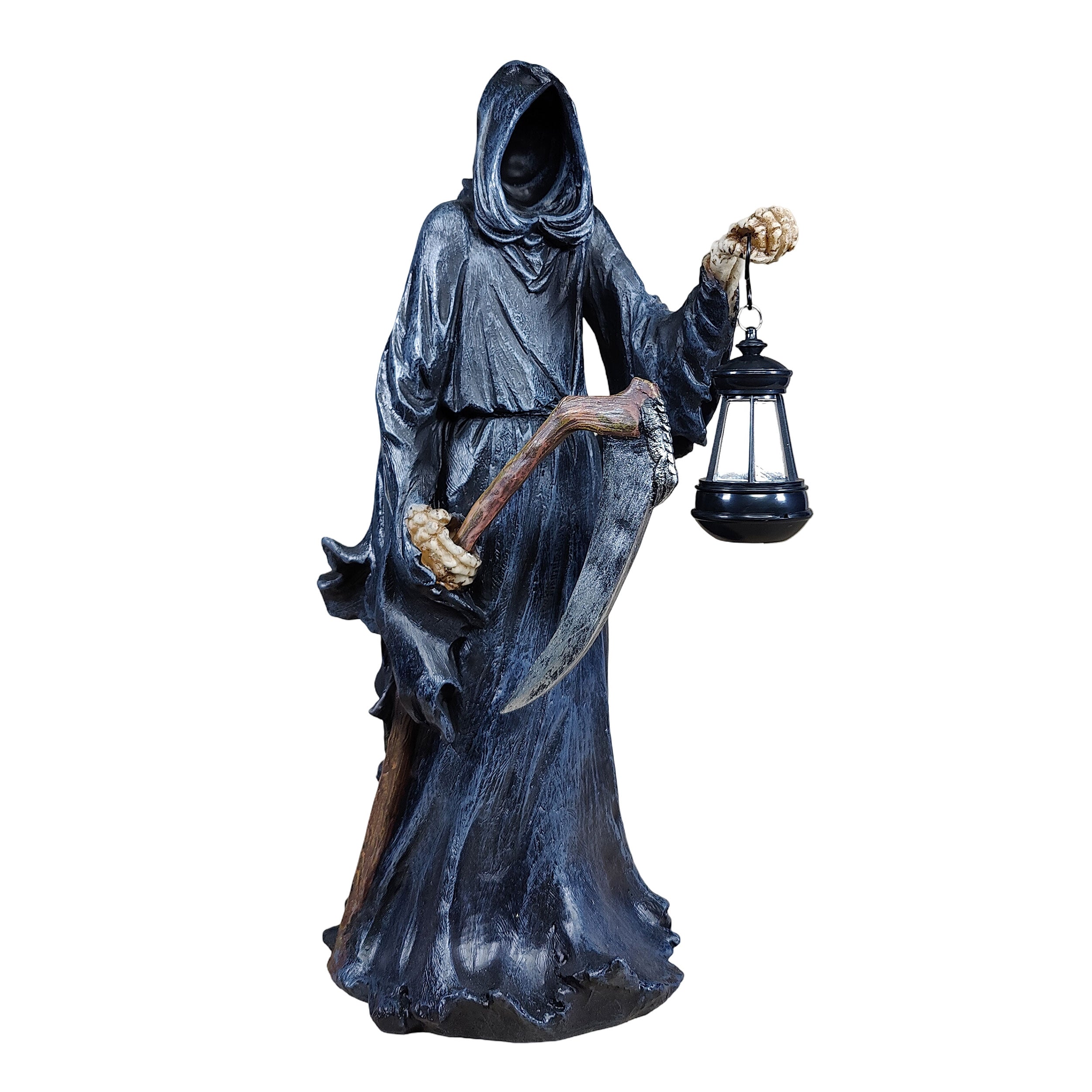 Deko Figur Der Tod mit LED Laterne – Halloween Dekofigur aus Polyresin, handbemalt, stimmungsvolle Herbstdeko für Innen