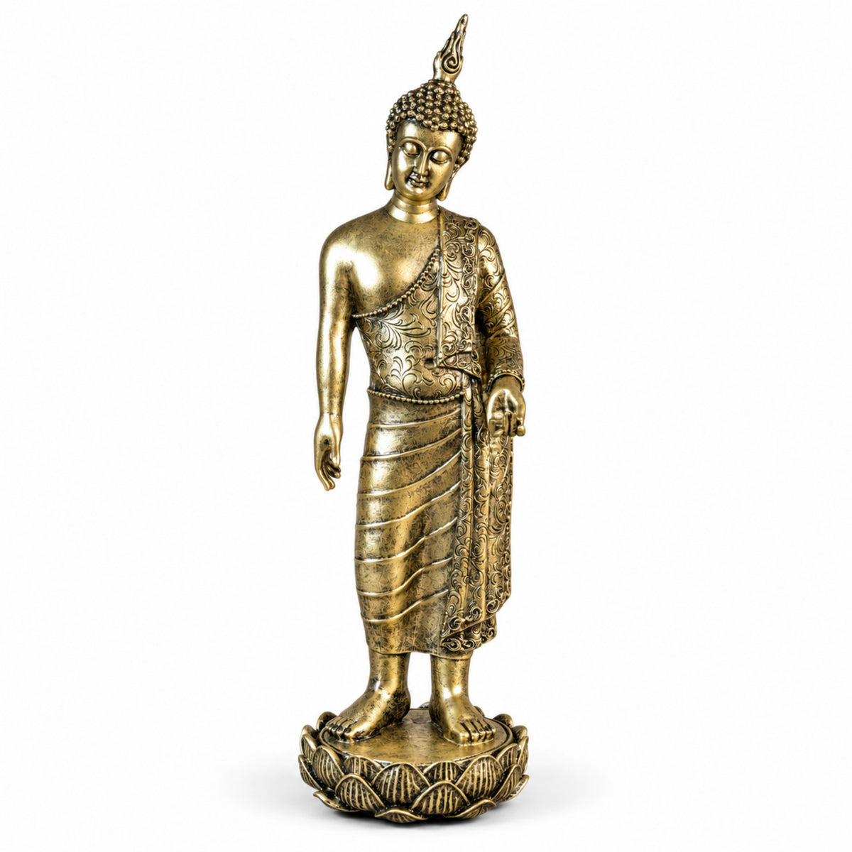 Buddha Figur stehend Gold Deko Buddha Skulptur für Wohnzimmer und Meditationsecke