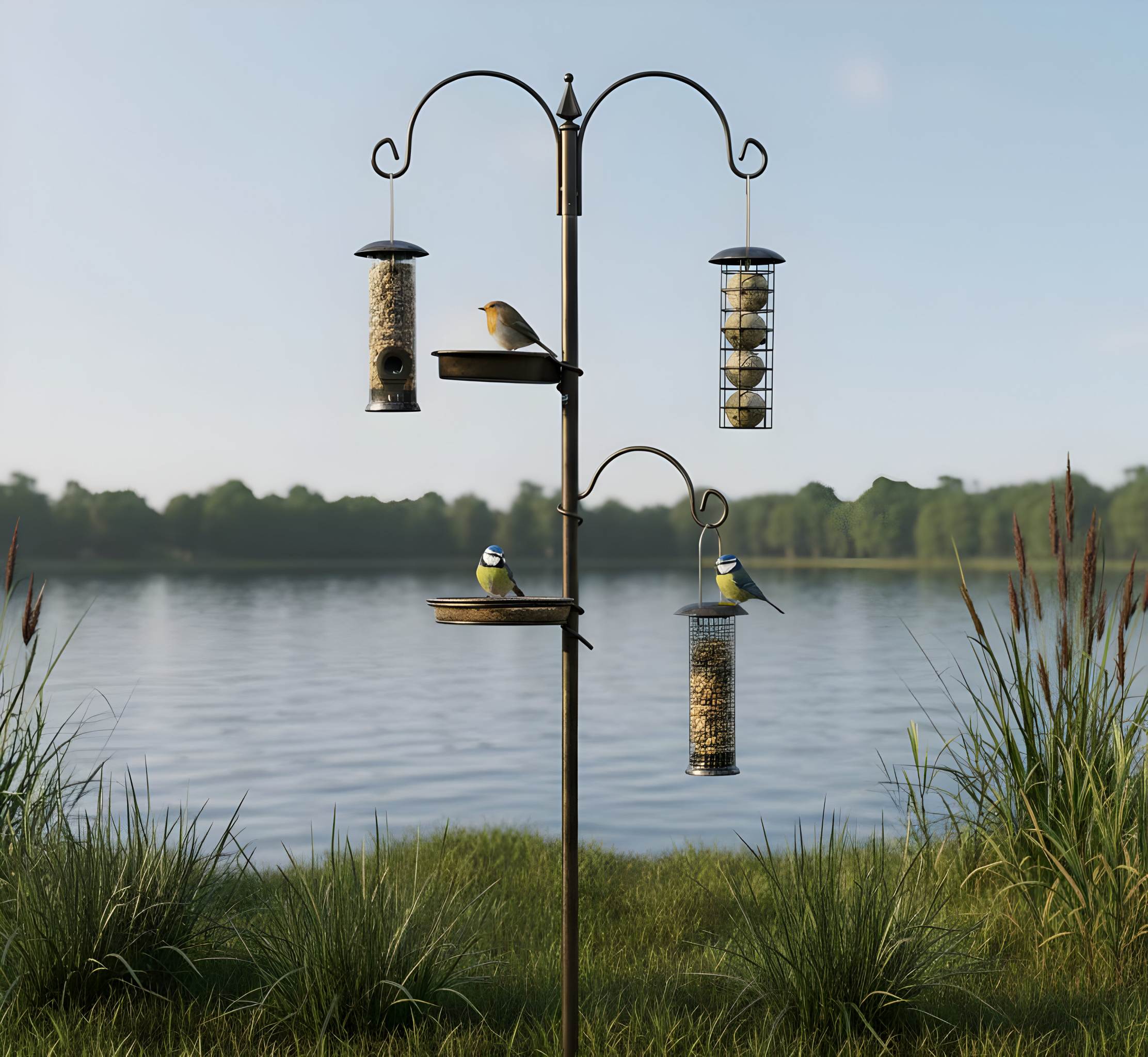 5 in 1 Vogelfutterstation Metall mit Vogeltränke, 3 Futtersäulen und Futterschale für Garten und Rasenflächen