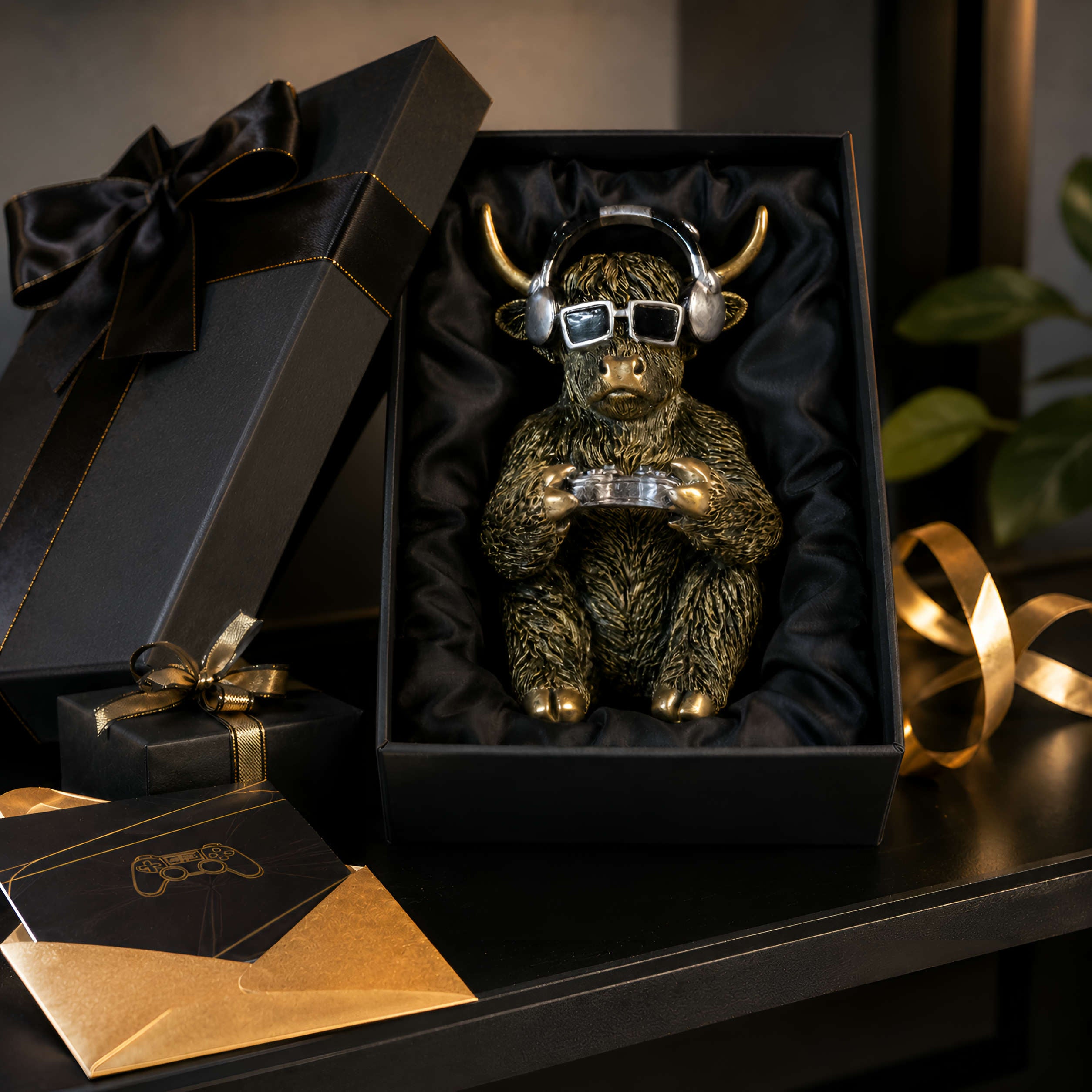 Highland Cattle Figur Gamer Deko Kuh mit Kopfhörer & Controller goldfarben