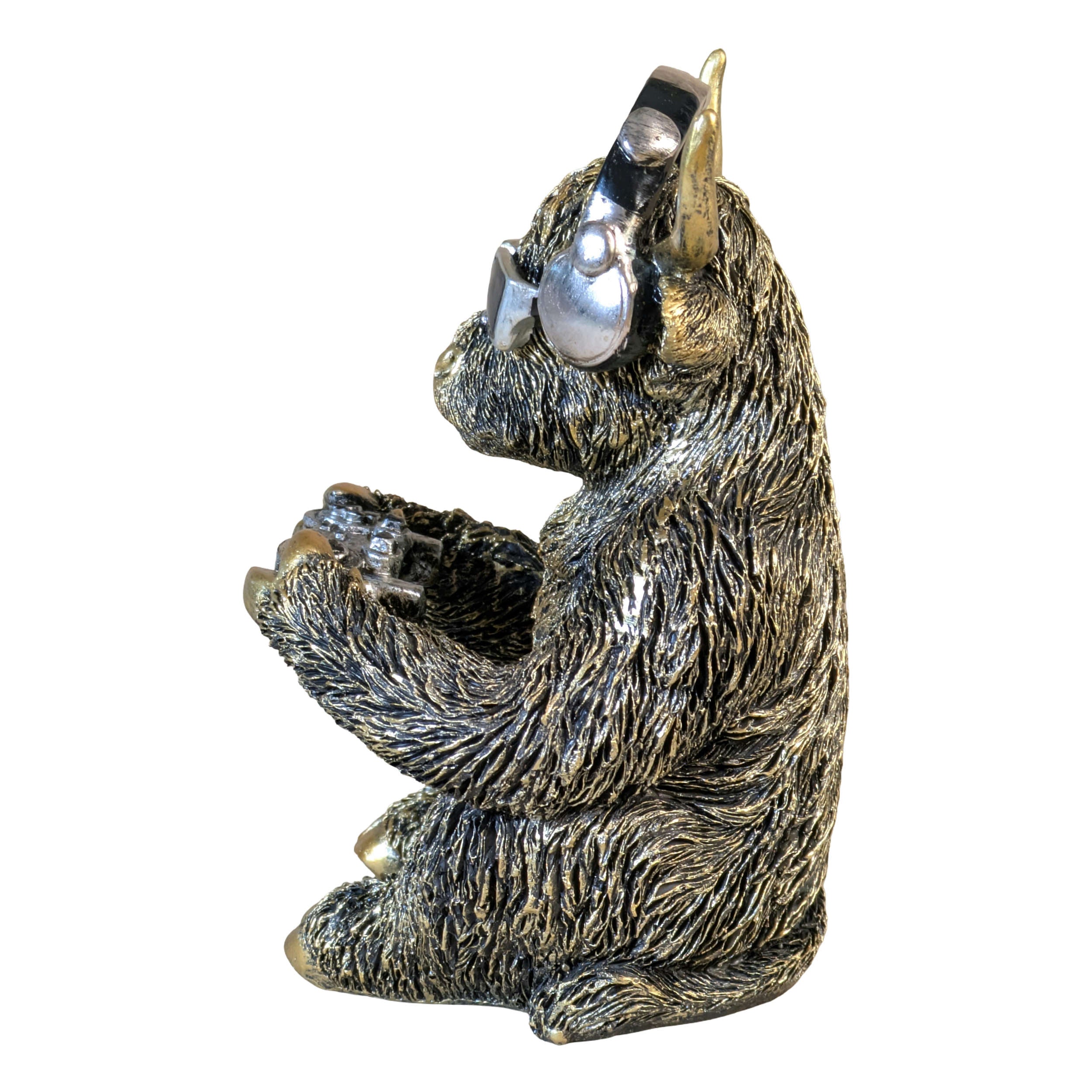 Highland Cattle Figur Gamer Deko Kuh mit Kopfhörer & Controller goldfarben