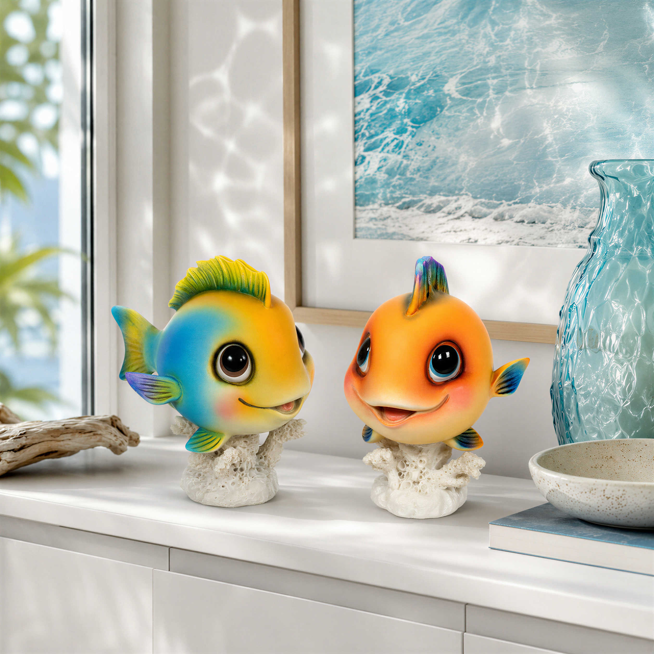 Fisch Figur glänzend Blau & Orange für maritime Deko innen und außen