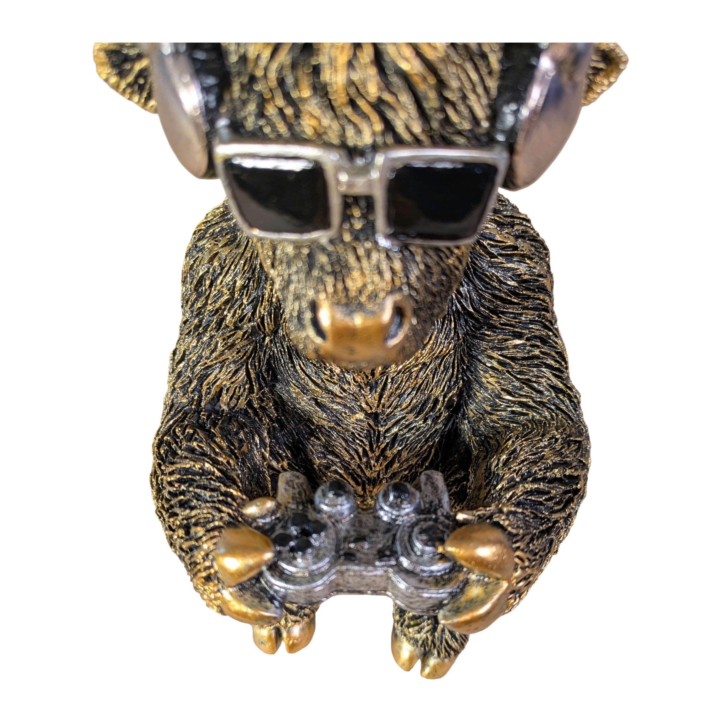 Highland Cattle Figur Gamer Deko Kuh mit Kopfhörer & Controller goldfarben