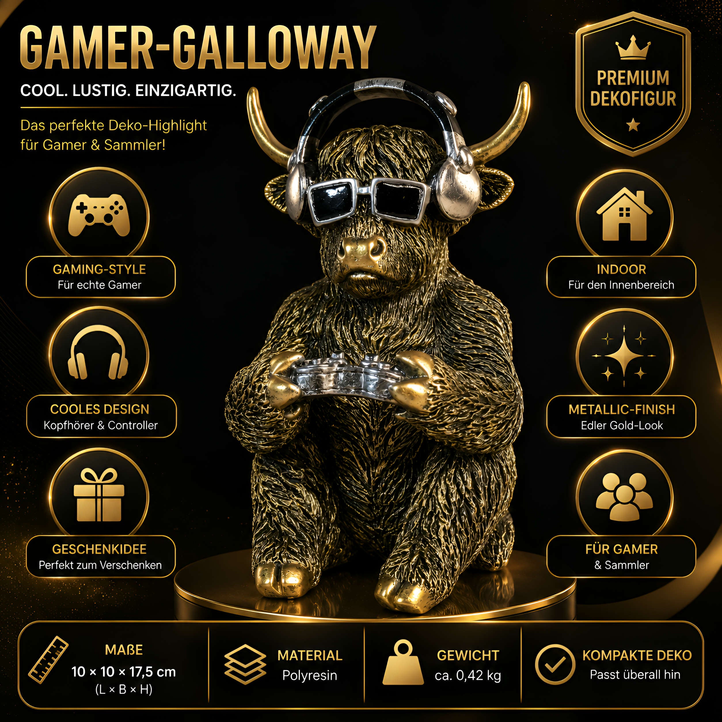 Highland Cattle Figur Gamer Deko Kuh mit Kopfhörer & Controller goldfarben