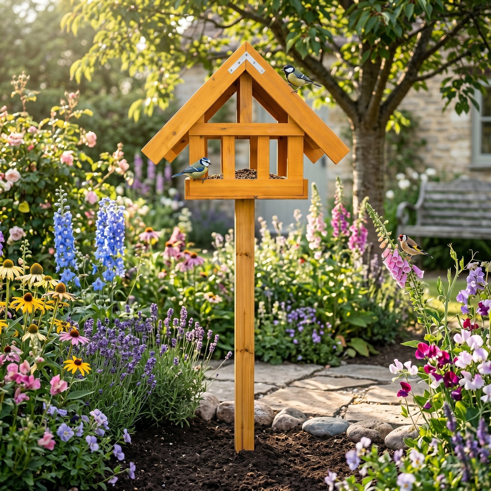 Vogelfutterhaus mit Ständer aus Holz wetterfest für Garten & Wildvögel