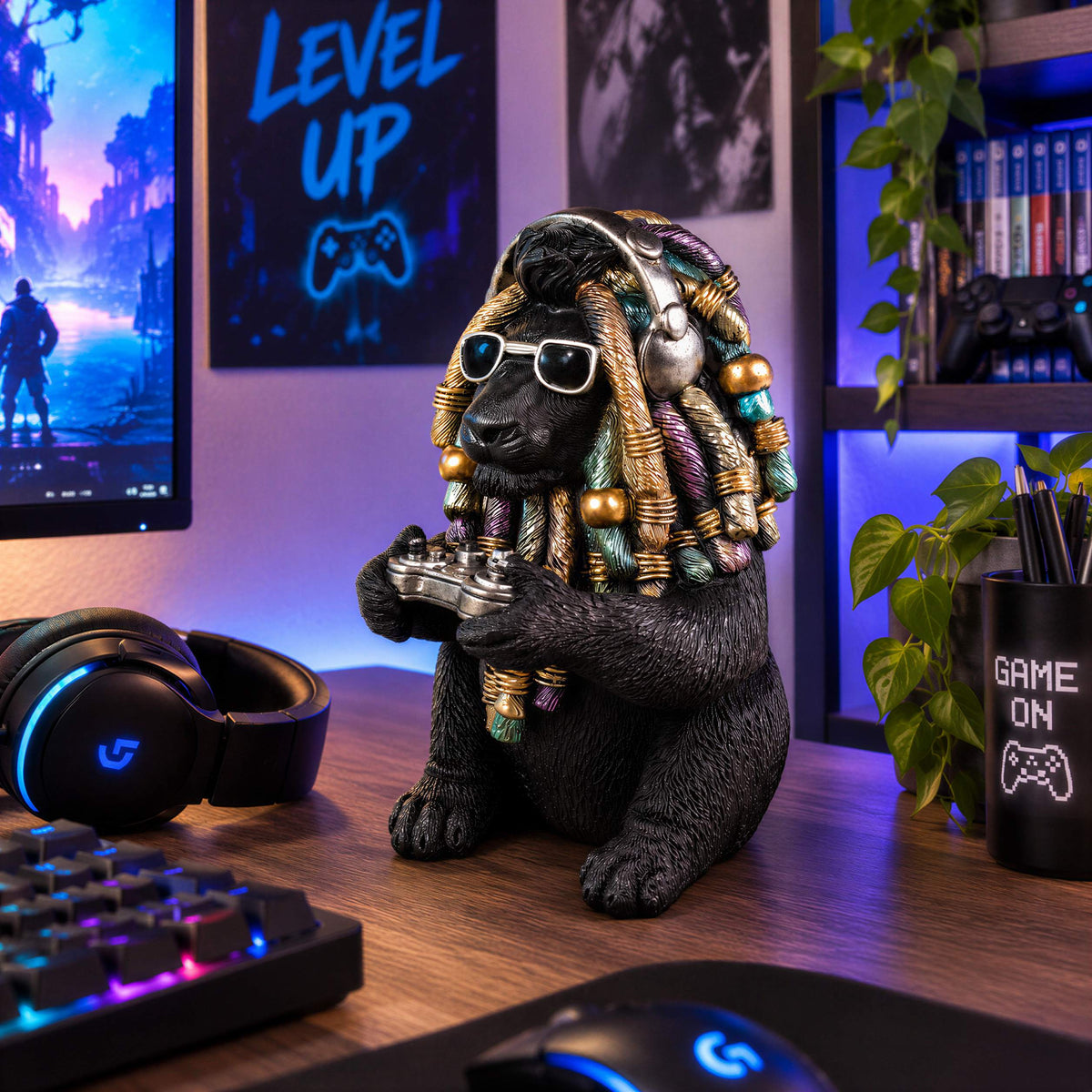 Löwe Figur Urban Royals mit Dreadlocks Controller Kopfhörer Geschenk für Gamer