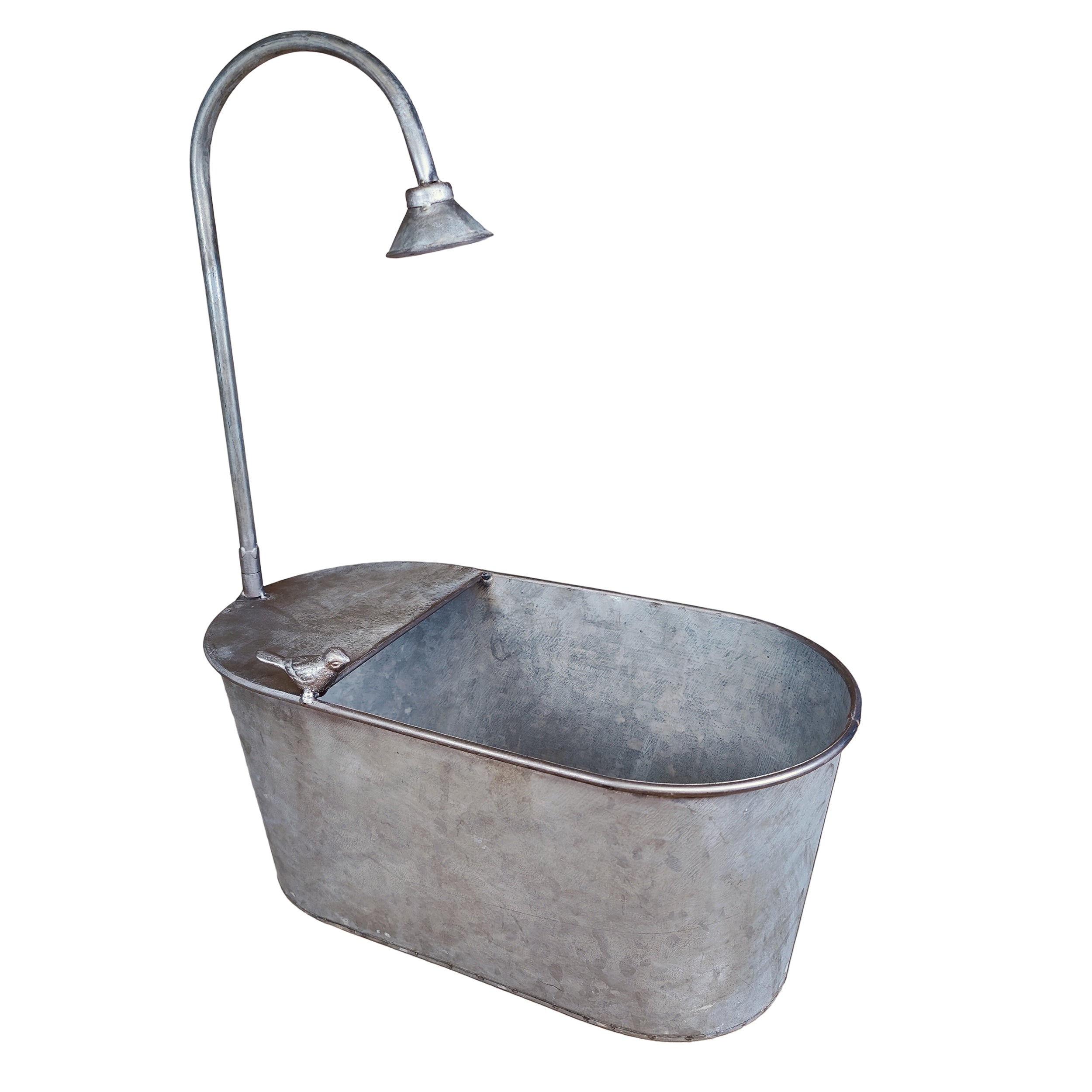 Zinkwanne Set verzinkt im Badewannen Look mit Dusch Deko Pflanzwanne Metall für Garten & Terrasse