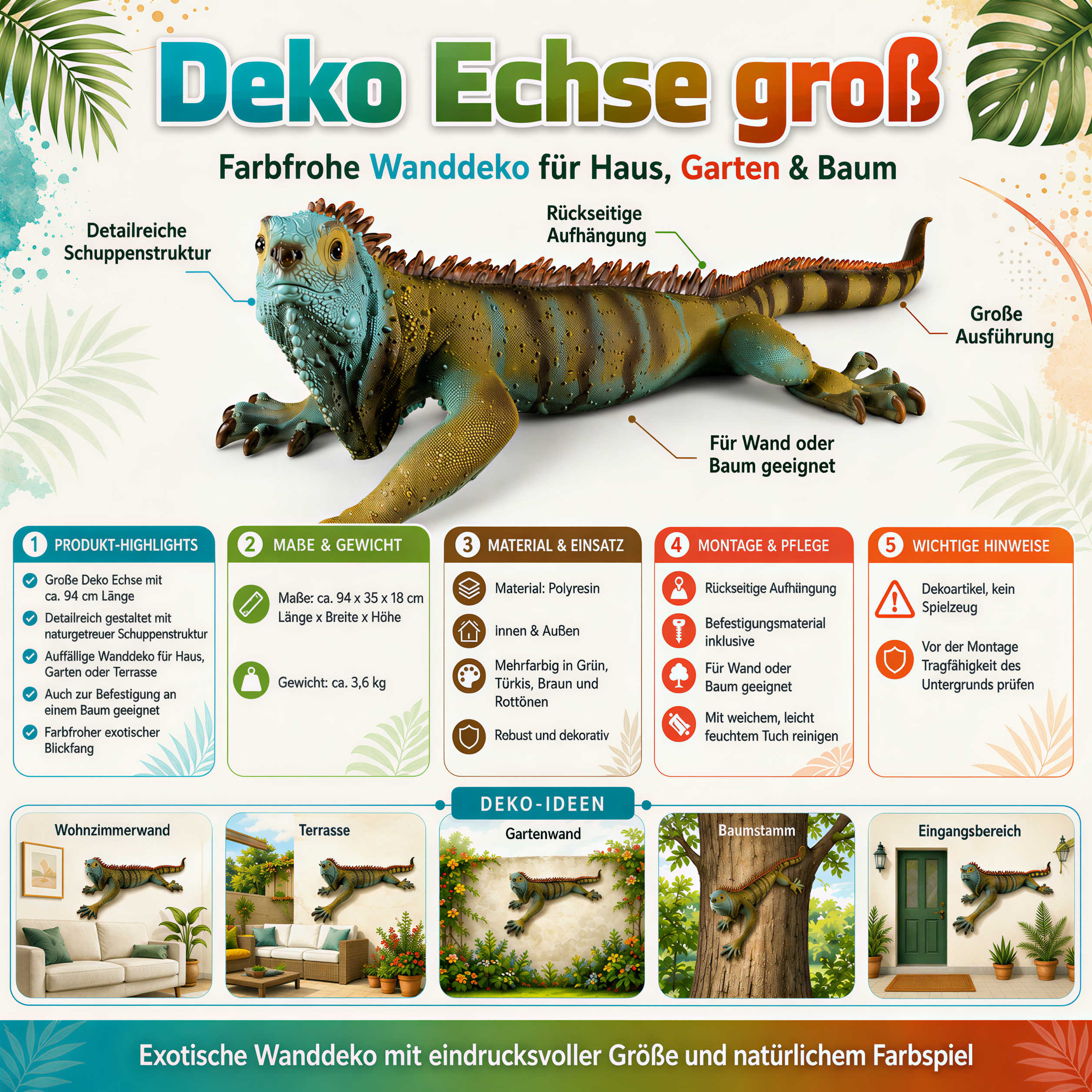Deko Echse groß Wanddeko Echse Figur bunt zum Aufhängen für Haus Garten und Baum