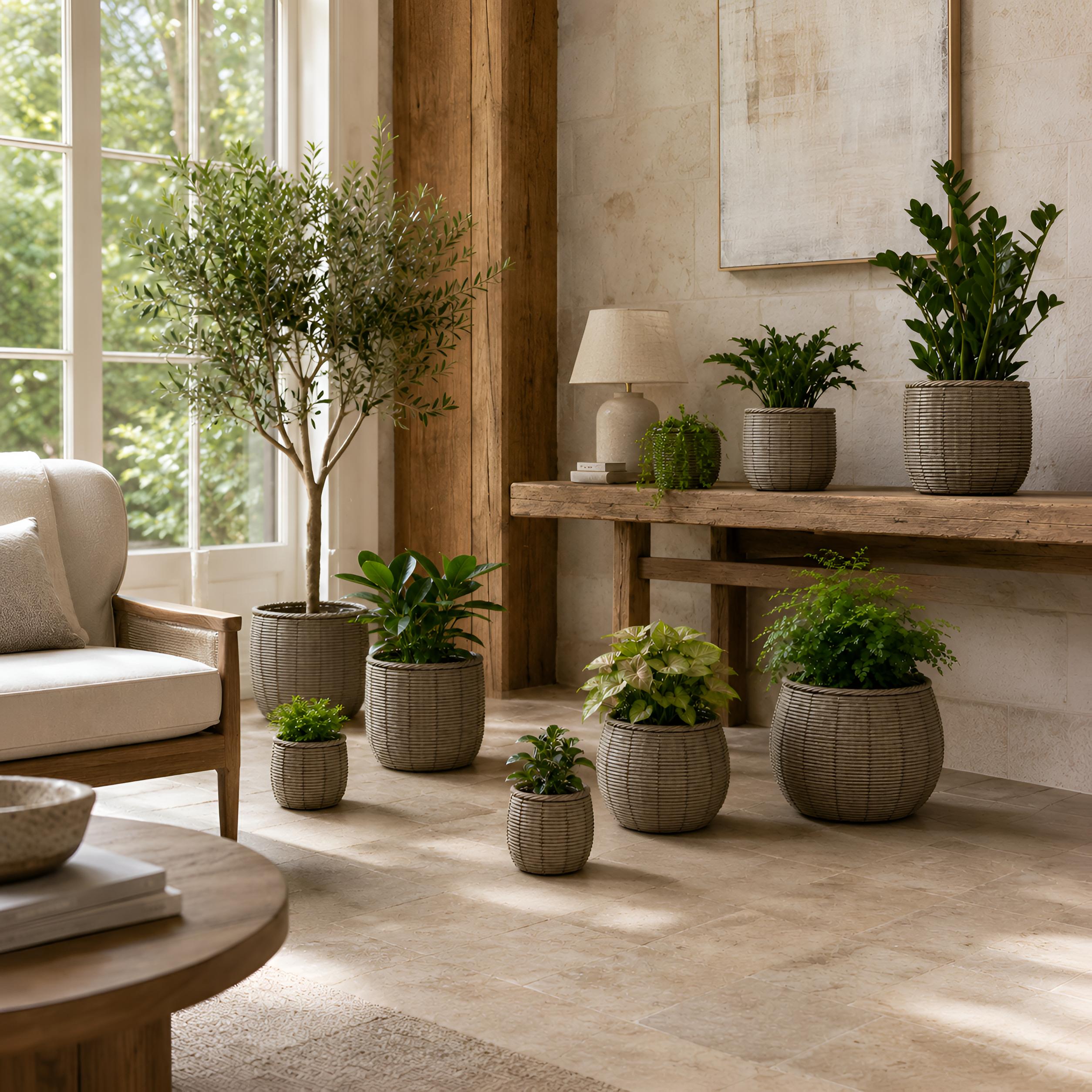 Blumentopf groß Rattan 3er Set Modell Gala, Pflanzkübel Indoor Übertopf Naturgrau