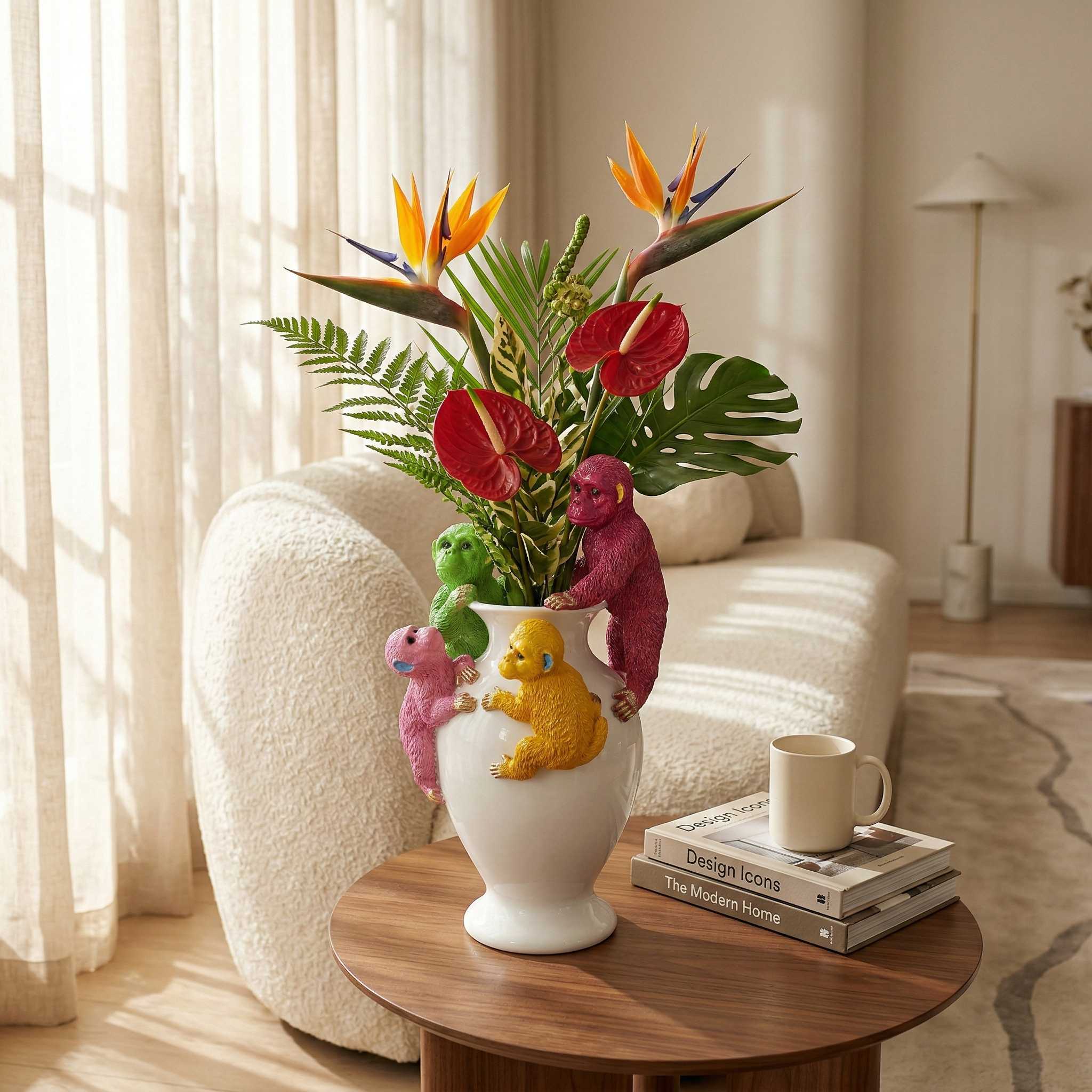 Kunstblumen Vase Deko Vase modern – Designer Vasen mit Tieren Papagei Affe Echse Tischdeko Vase bunt