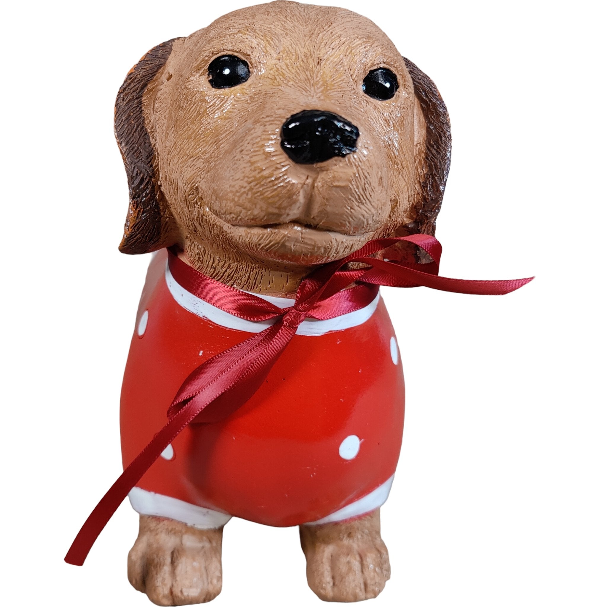 Dackel Deko Figur - handbemalte Dackelfigur für innen & außen, Gartendeko für Balkon, Terrasse & Garten, mit Pulli und roter Schleife - DackelDuo Monique et François