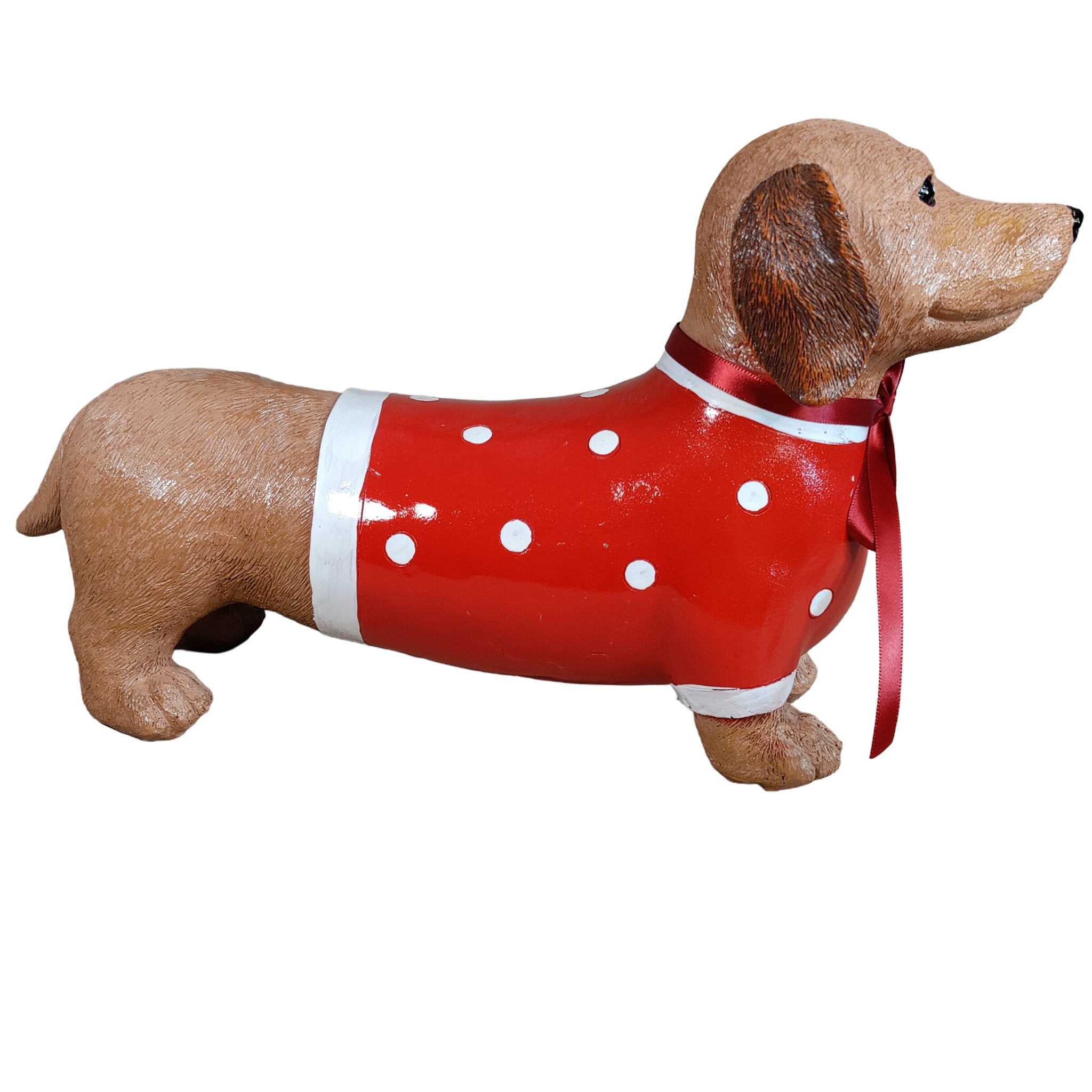 Dackel Deko Figur - handbemalte Dackelfigur für innen & außen, Gartendeko für Balkon, Terrasse & Garten, mit Pulli und roter Schleife - DackelDuo Monique et François