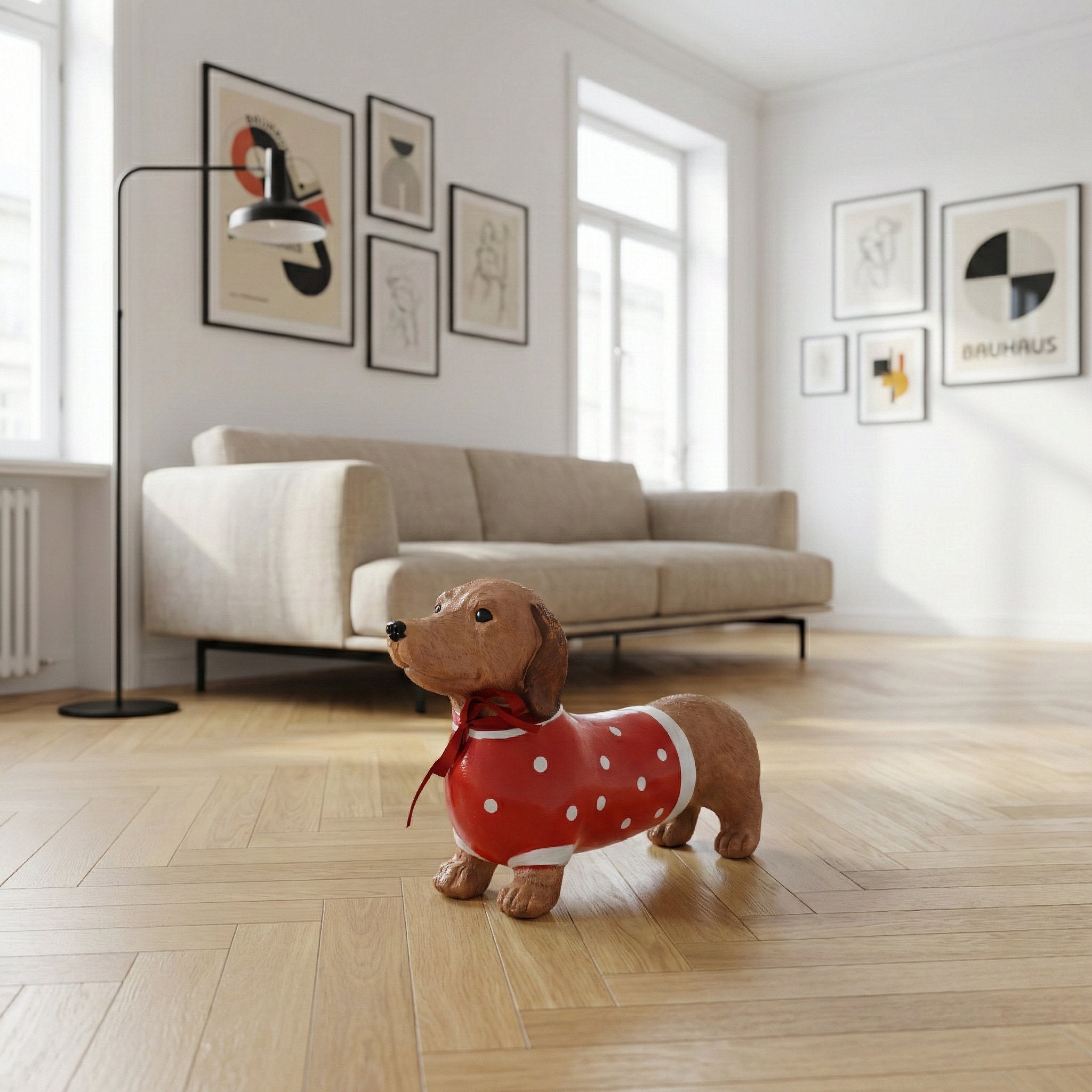 Dackel Deko Figur - handbemalte Dackelfigur für innen & außen, Gartendeko für Balkon, Terrasse & Garten, mit Pulli und roter Schleife - DackelDuo Monique et François