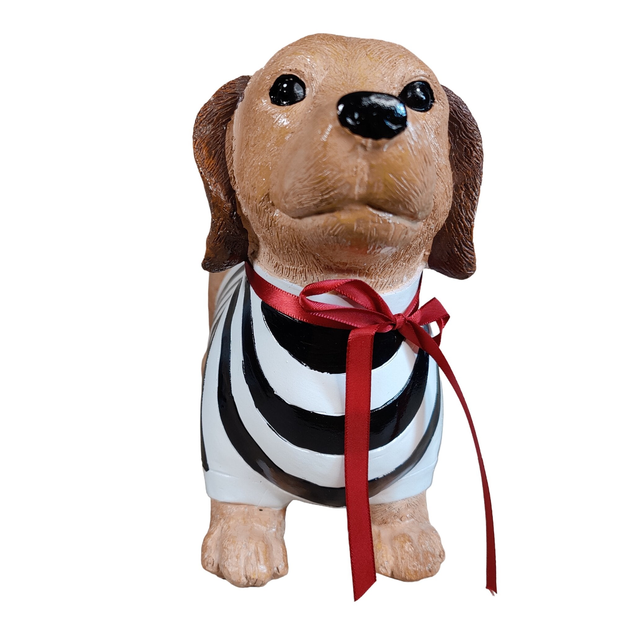Dackel Deko Figur - handbemalte Dackelfigur für innen & außen, Gartendeko für Balkon, Terrasse & Garten, mit Pulli und roter Schleife - DackelDuo Monique et François