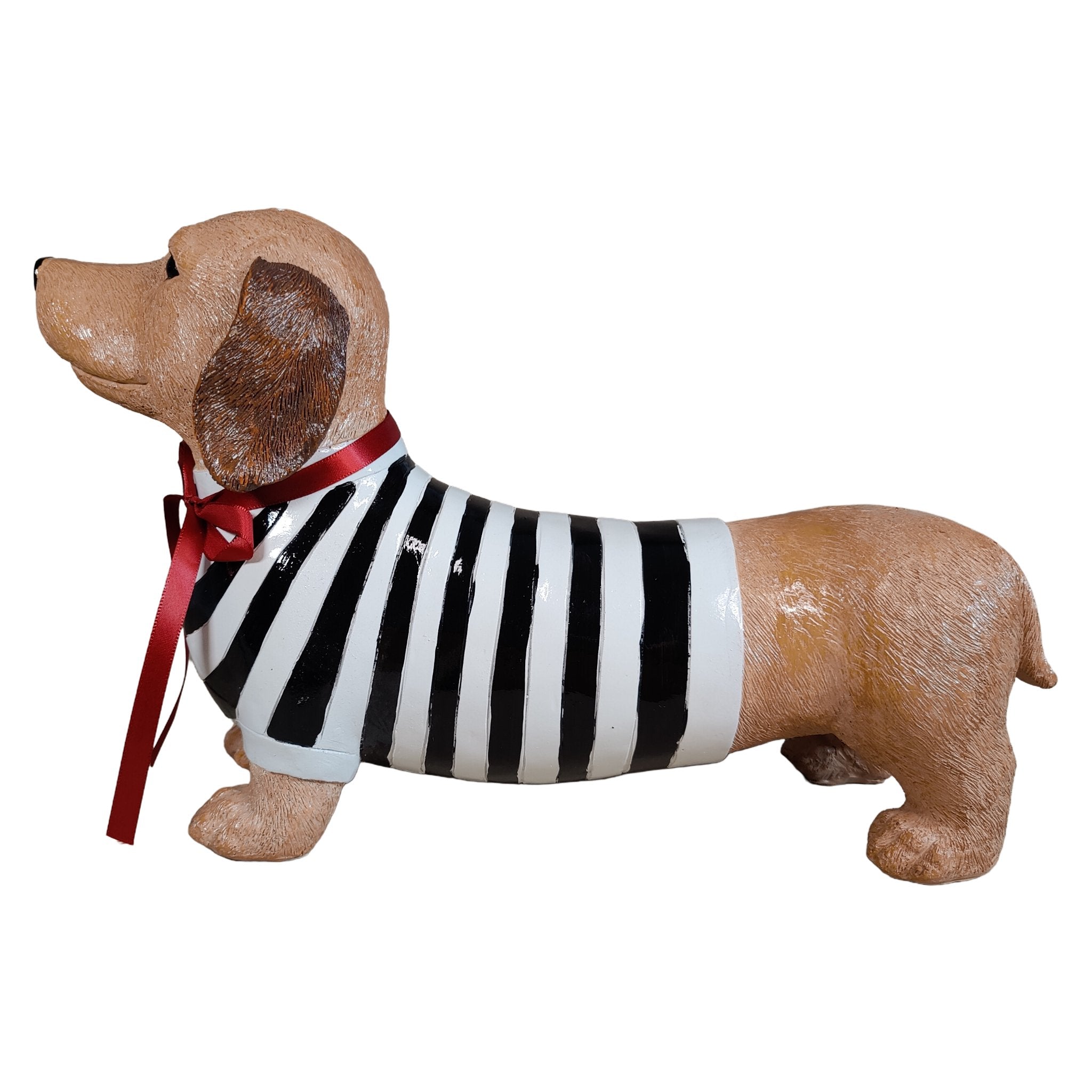 Dackel Deko Figur - handbemalte Dackelfigur für innen & außen, Gartendeko für Balkon, Terrasse & Garten, mit Pulli und roter Schleife - DackelDuo Monique et François