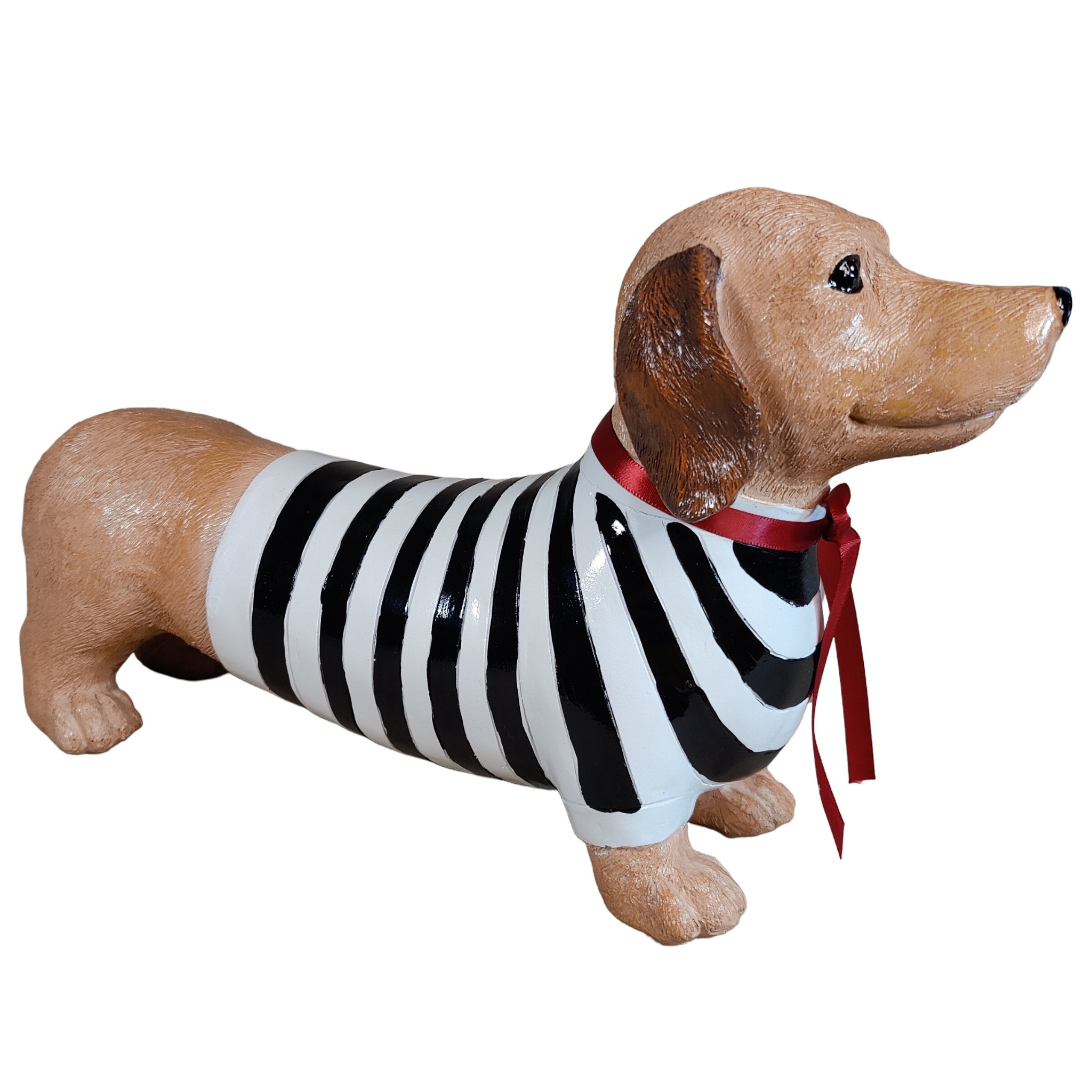 Dackel Deko Figur - handbemalte Dackelfigur für innen & außen, Gartendeko für Balkon, Terrasse & Garten, mit Pulli und roter Schleife - DackelDuo Monique et François