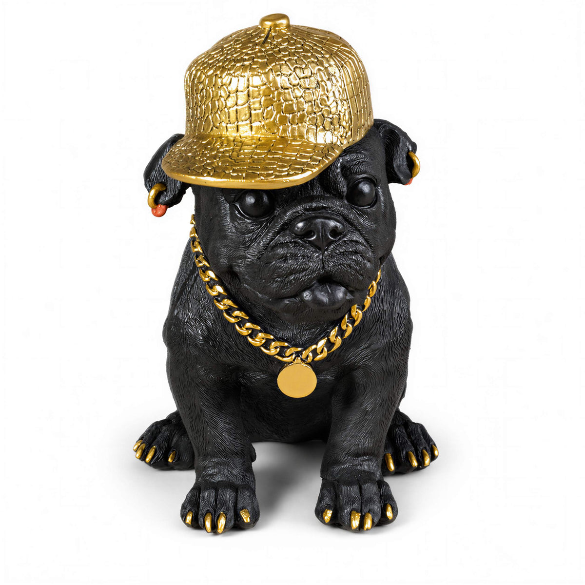 Bulldogge Figur mit Cap Hunde Figur schwarz gold