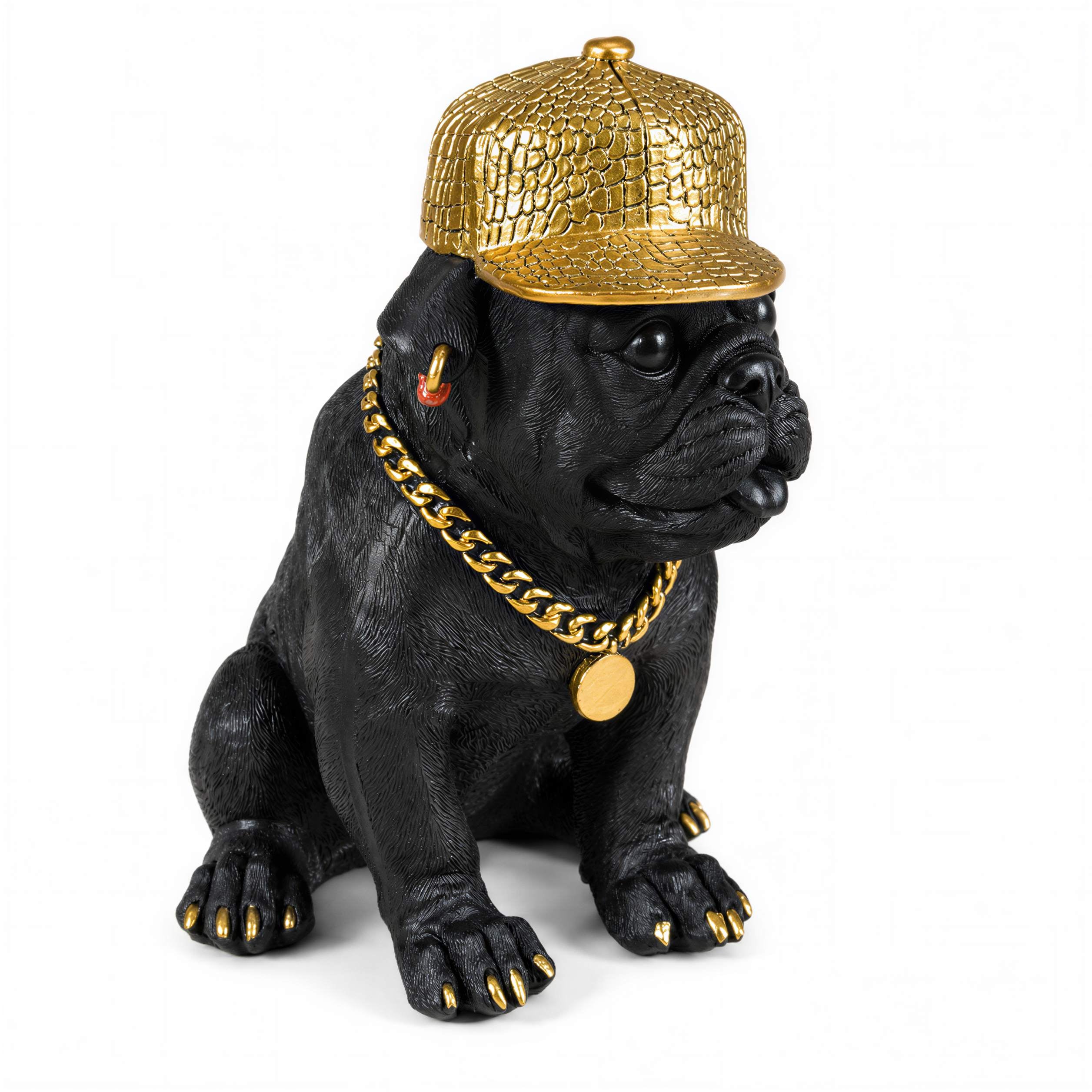 Bulldogge Figur mit Cap Hunde Figur schwarz gold