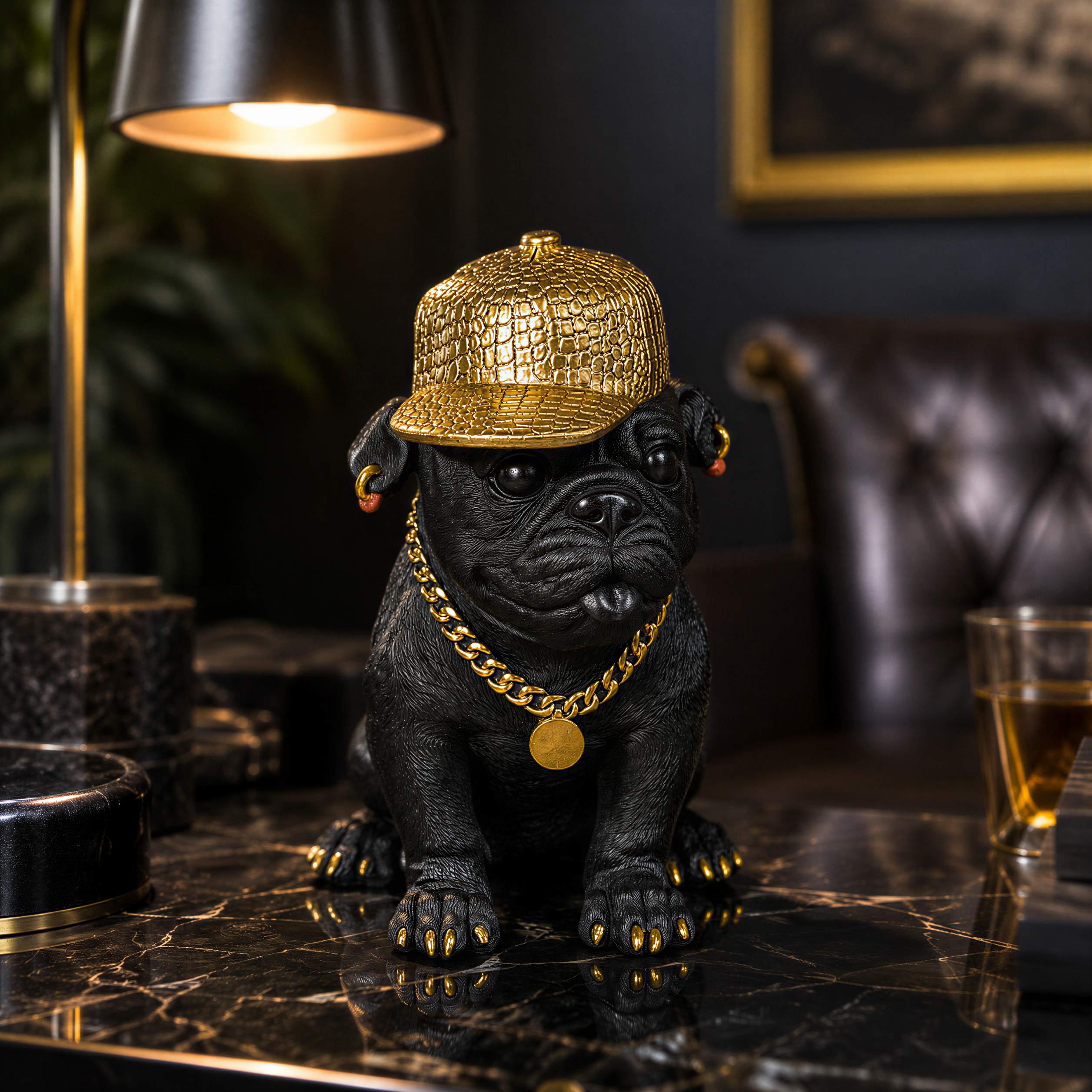 Bulldogge Figur mit Cap Hunde Figur schwarz gold