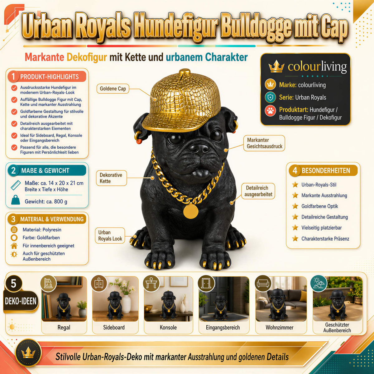 Bulldogge Figur mit Cap Hunde Figur schwarz gold